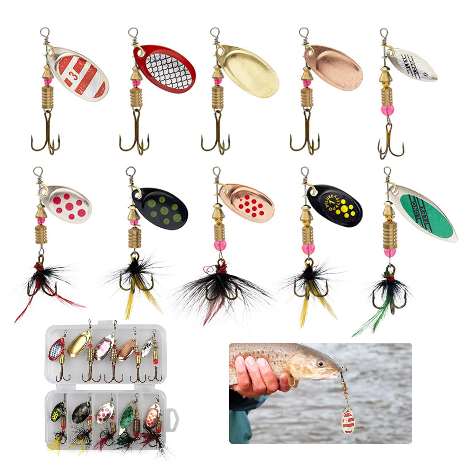 Fishing Spinner Lures Set 10Pcs – Metal Spinnerbait with Rotating Blades for Trout Bass Salmon – Colorful Fishing Spinners with Treble Hooks for Freshwater Saltwater – Tackle Box Included