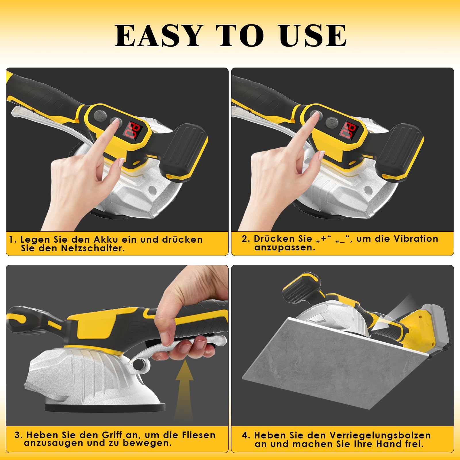 Dewalt Akku Fliesenrüttler 20V, Fliesenvibrator 8 Stufen Geschwindigkeit, 13cm Saugnapf, 50kg Adsorption