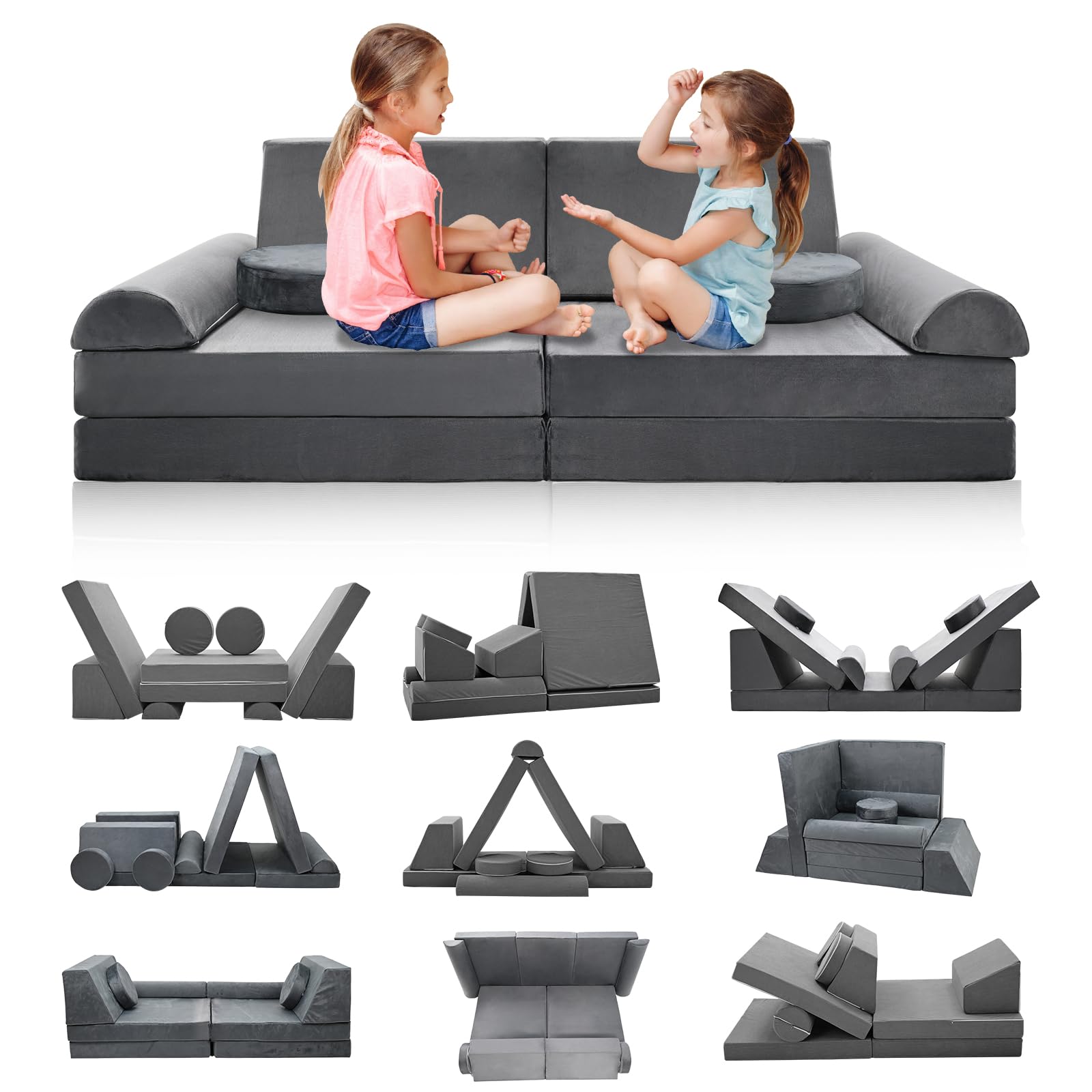 Sofá de juegos para niños, sofá infantil de 10 bloques de construcción de espuma, flexible y combinable, sofá modular para jugar, ser creativo, dormir (160 cm)