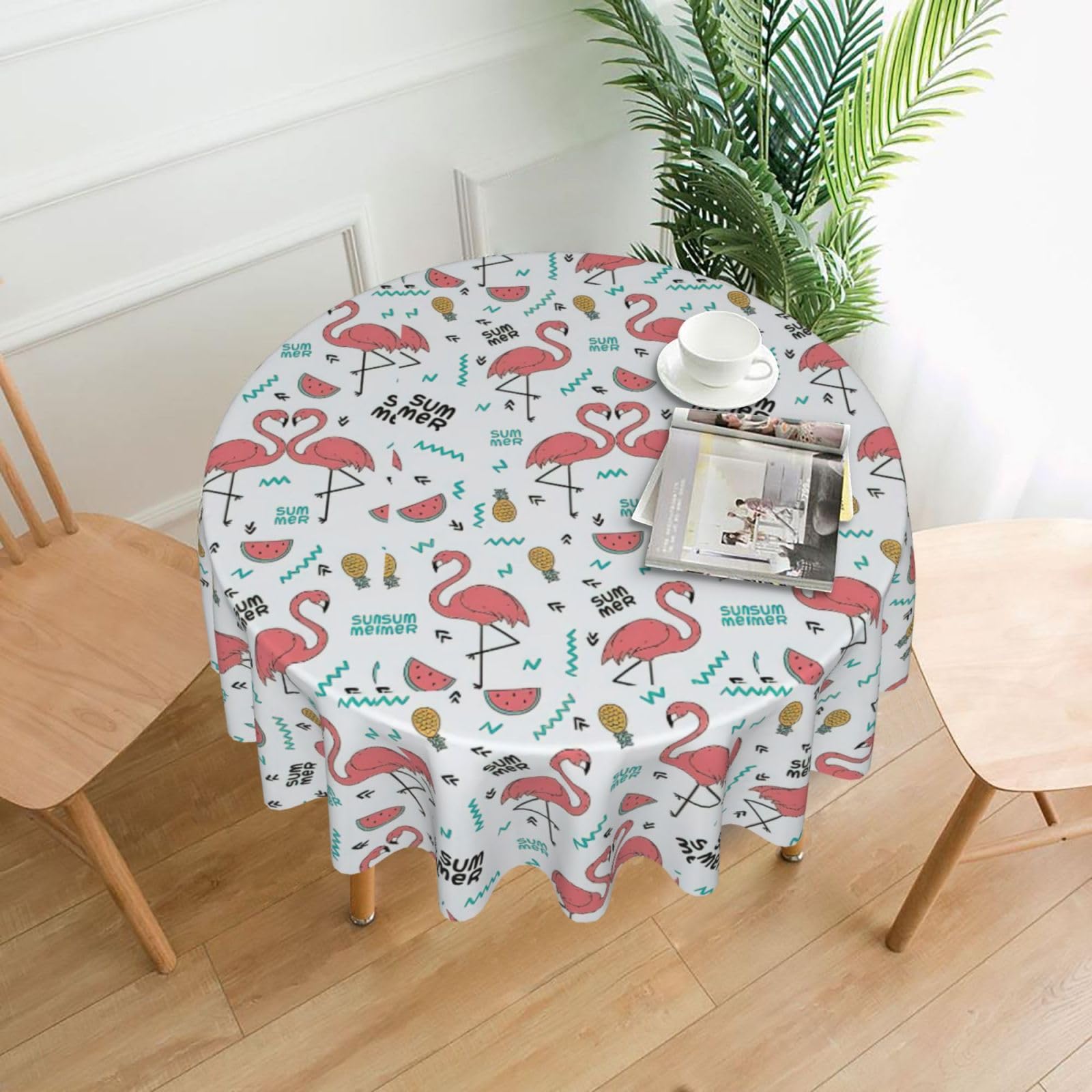 Zcmkjlg Pink Flamingo. Print Quick Ship Round Tablecloth 60in Polyester Washable Cover for Dining Room