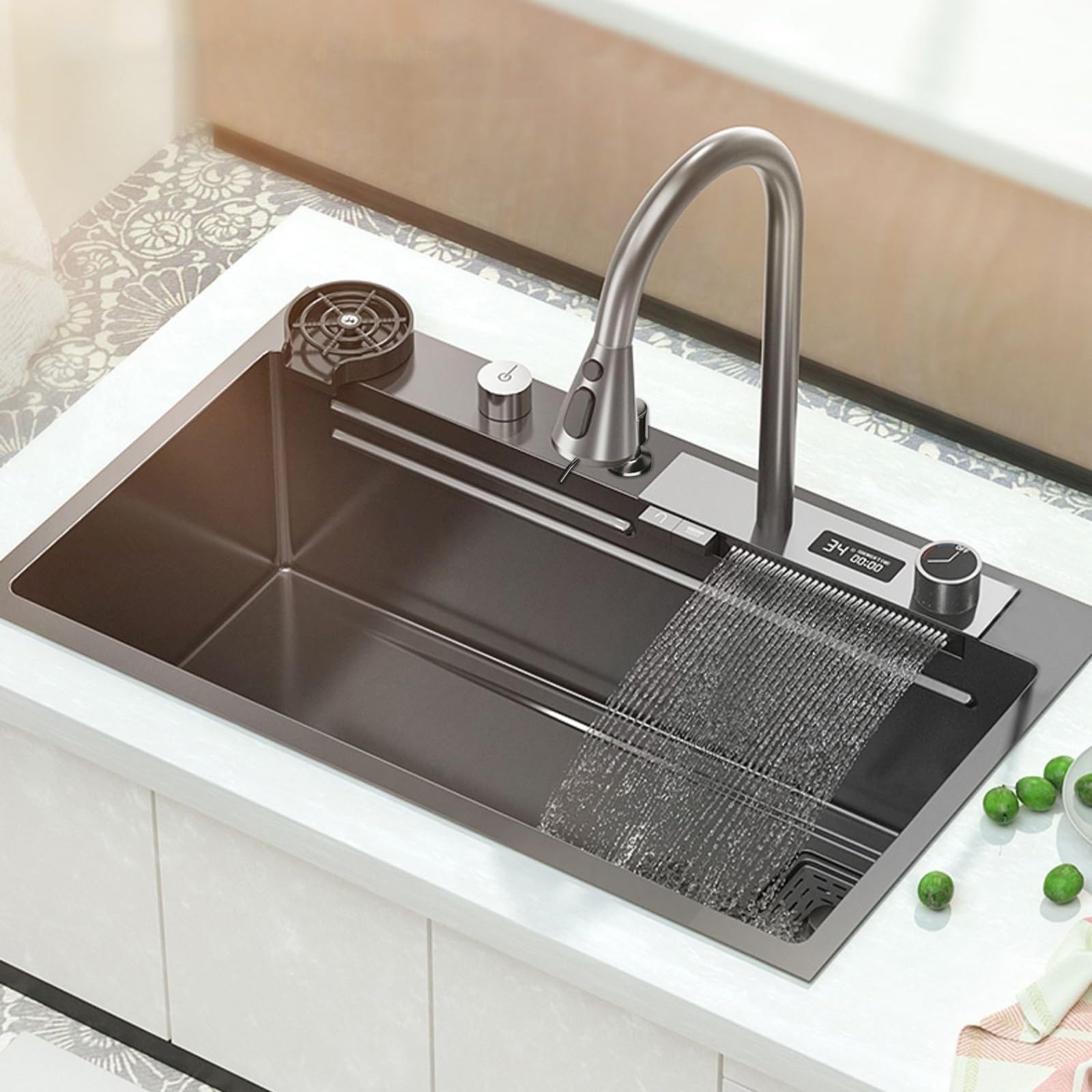 SDdPulse Raindance Premium Stainless Steel Waterfall Kitchen Sink with Real-Time Temperature Display and Pull Out Tap - Versatile Installation Flush Mount or