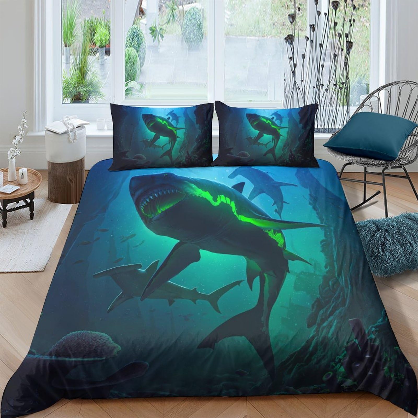 Ctjqhvkz Style-7 3D Printed Deep Sea Shark Fitted Sheet Microfiber Soft Blue Ocean Mattress Cover For Bedroom Dorm Decor Single（135X200cm）