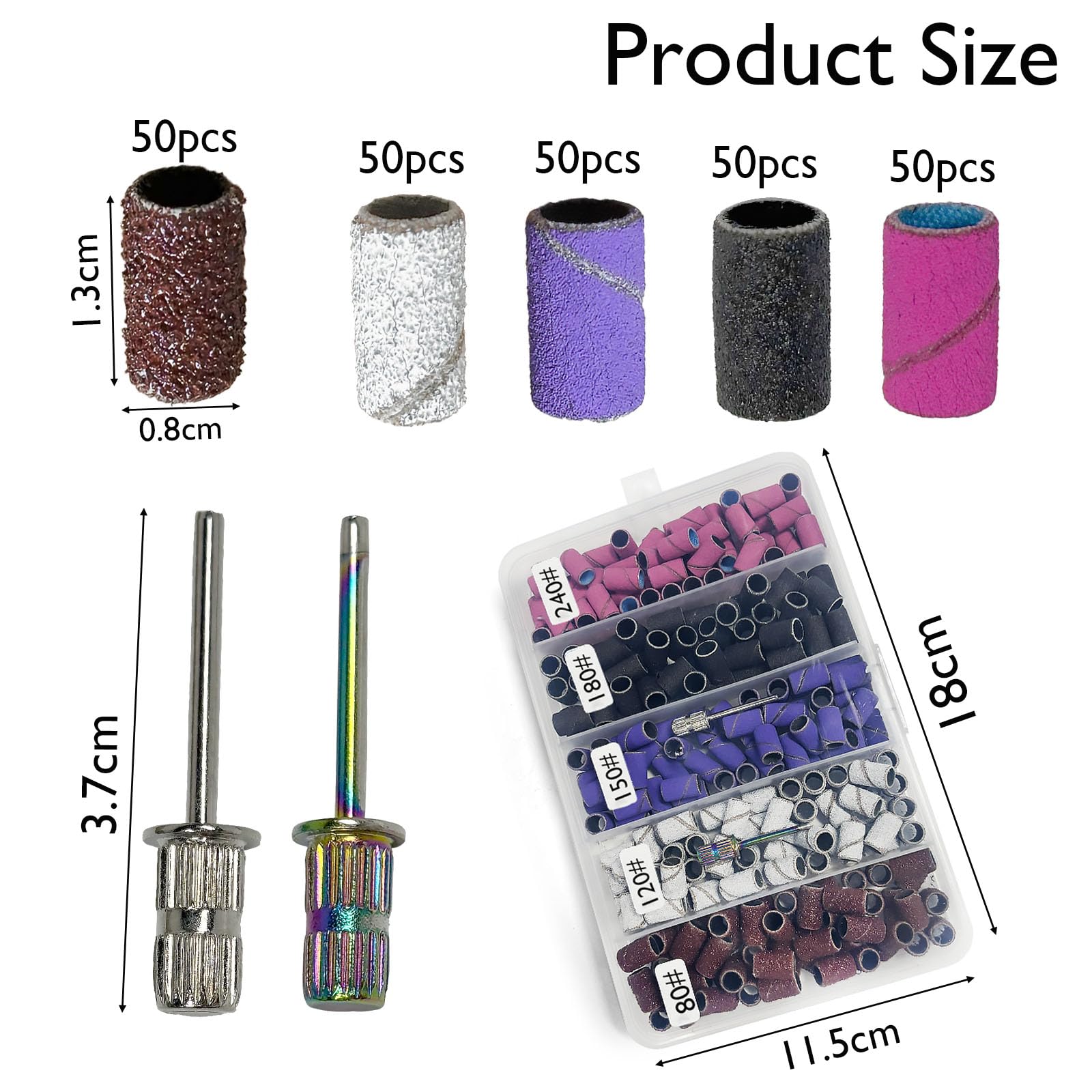 QQdou Sanding Bands for Nail Drill 250Pcs Colorful Coarse Fine Nail Sanding Bands(80#120#150#180#240#Grit ) - Image 2