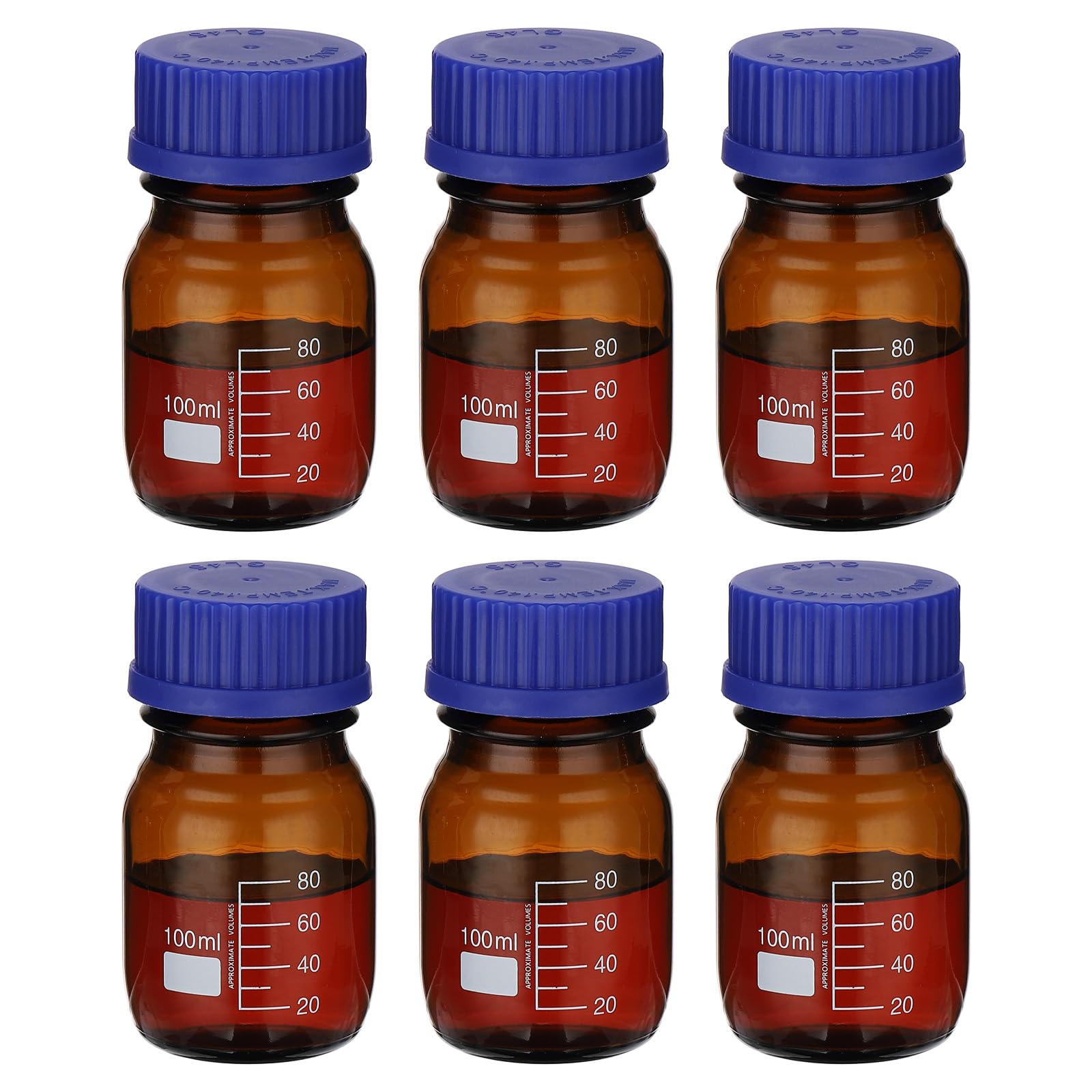 PATIKIL 6 Pack Reagent Media Storage Bottles, 100ml Borosilicate Glass Graduated Round Bottles With GL32 Blue Screw Cap For Lab Water Reagent Liquids, Amber