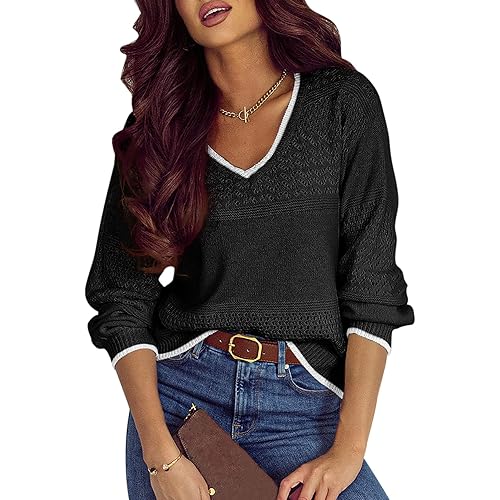 SHEWIN Women's Sweaters Casual Long Sleeve V Neck Lightweight Crochet Pullover Sweater Tops