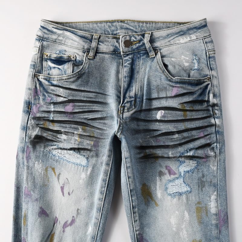 Mens Knee Destroyed Jeans Skinny Stretch Slim Distressed Ripped Strip Cat Whiskers Wrinkled Graffiti Paint Pants3
