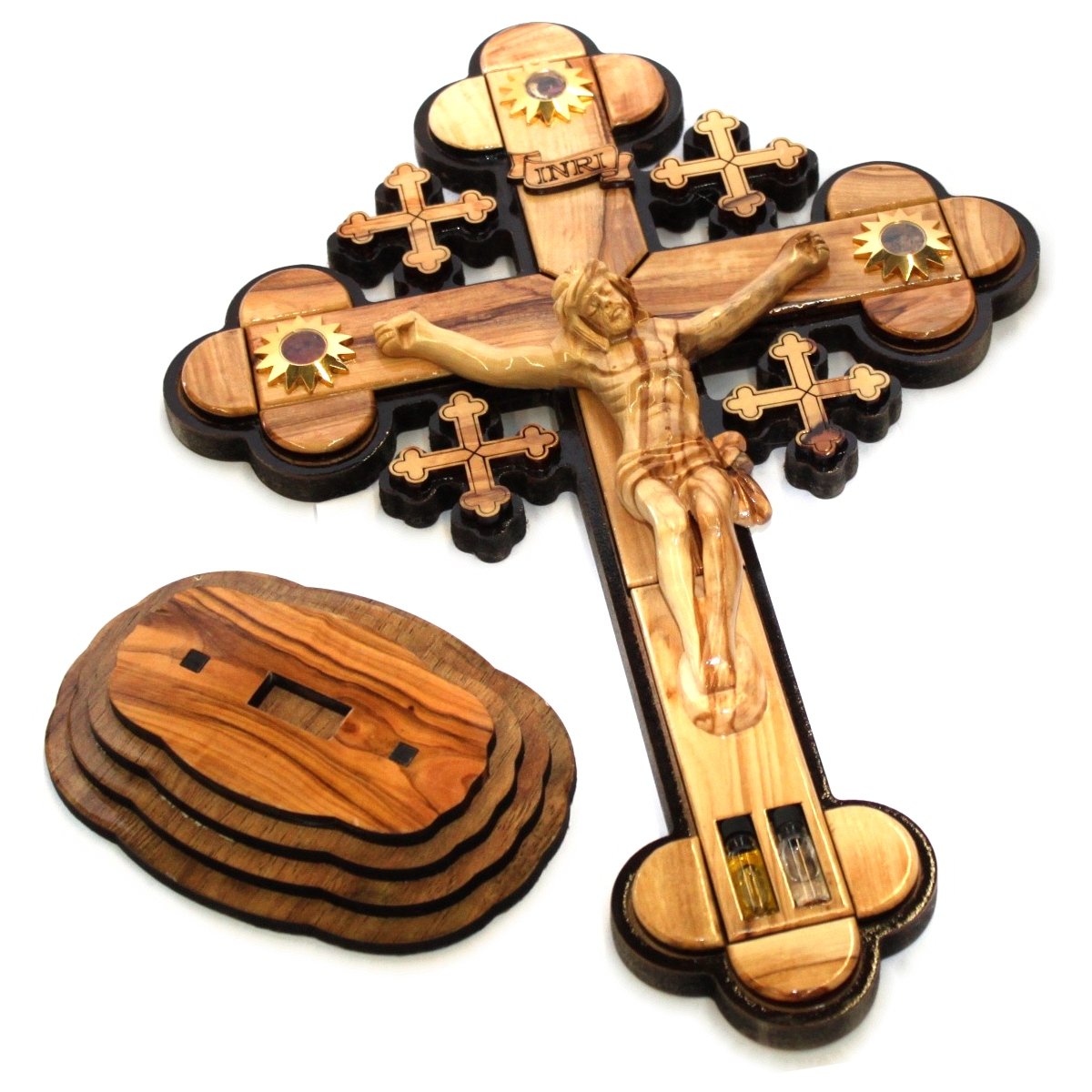 Cruz de madera de olivo tallada en capas mediante láser con tierra santa muestras – de pie o para colgar (14 pulgadas o 35 cm) gran/certificado
