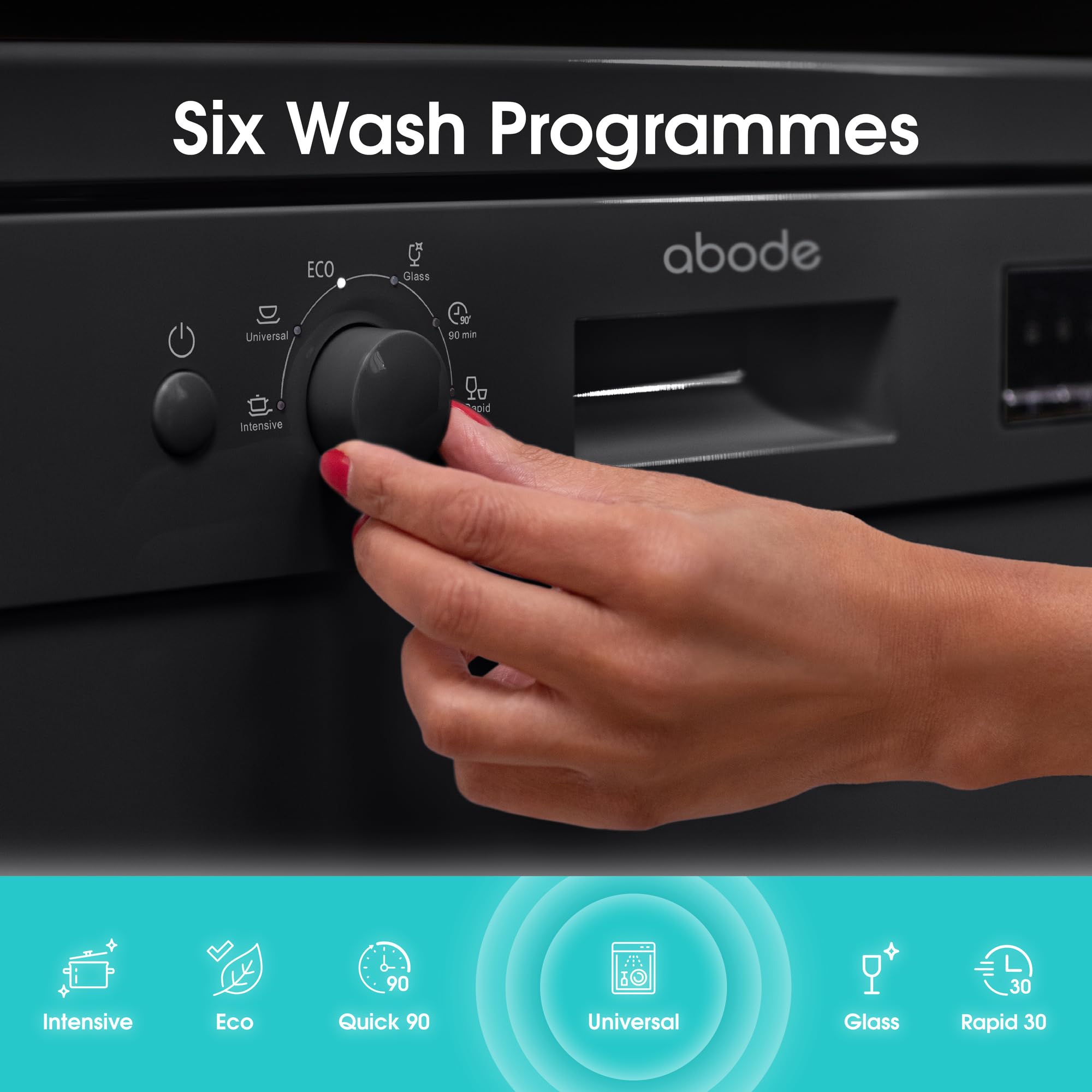 Abode Freestanding Dishwasher Class E with 12 Place Settings, 6 Wash Programs, 24-Hour Delay Start, Removable Cutlery Basket & Deep Clean Function in Black A60DW00E1B — view 6