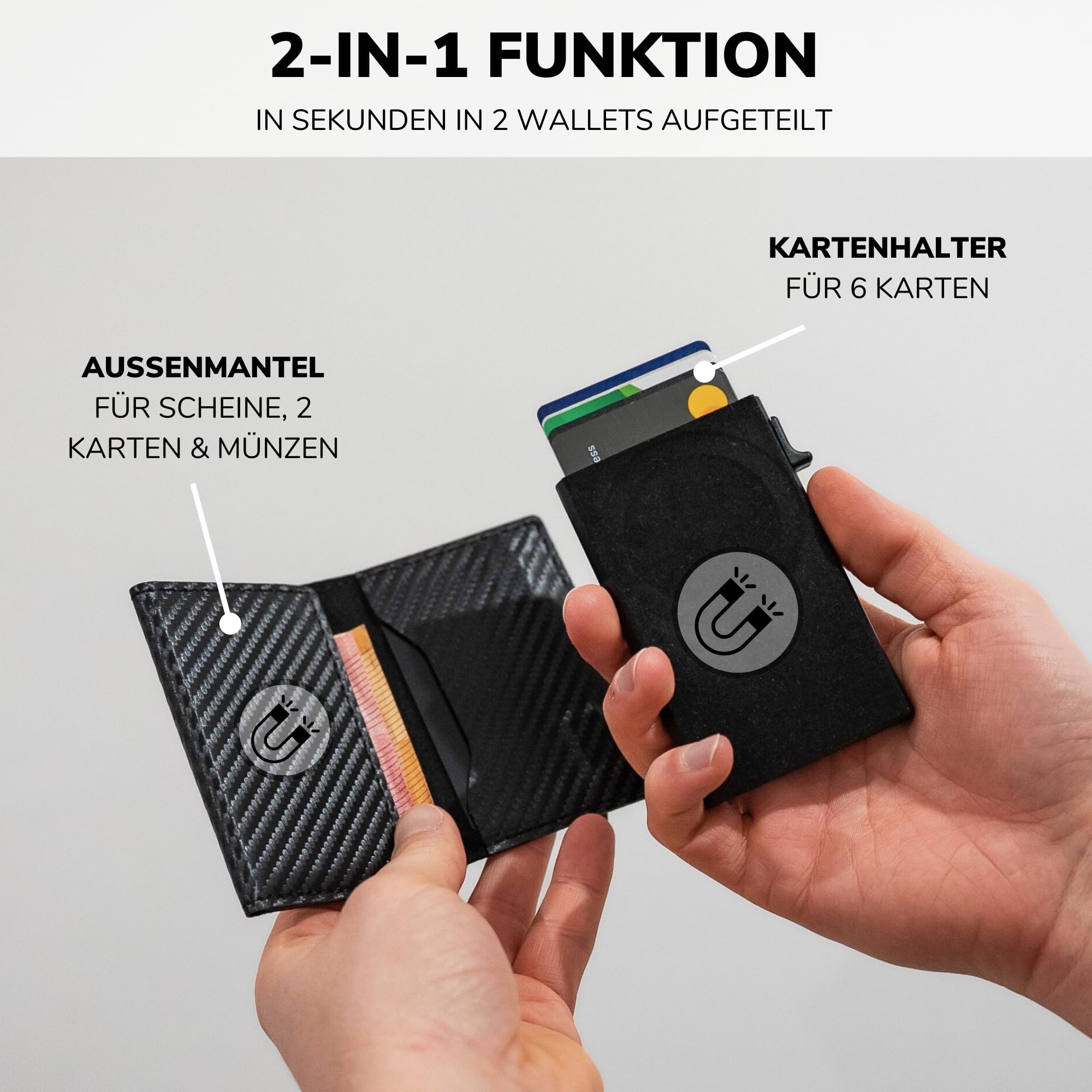 SLIMJACK 2-in-1 Wallet mit Münzfach - Magnetisches RFID Kartenetui & Geldbörse - Abnehmbares Slim-Wallet aus Aluminium - RFID-Schutz Portmonee - Smart Wallet für Karten & Münzen (Carbon)