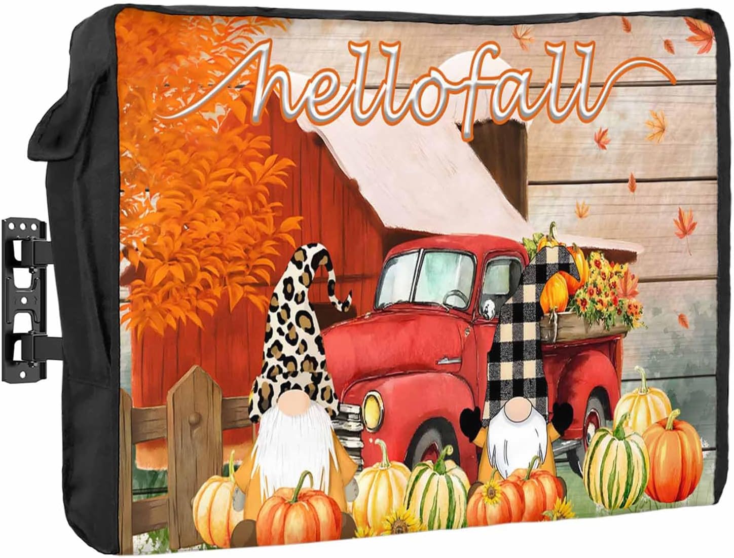 Thanksgiving Outdoor TV Cover Gnome Pumpkin Truck Wood Grain Waterproof and Weatherproof 60"-65" LCD Movable Shield TV Display Screen Protector Outside Television Covers 58"Wx37"H