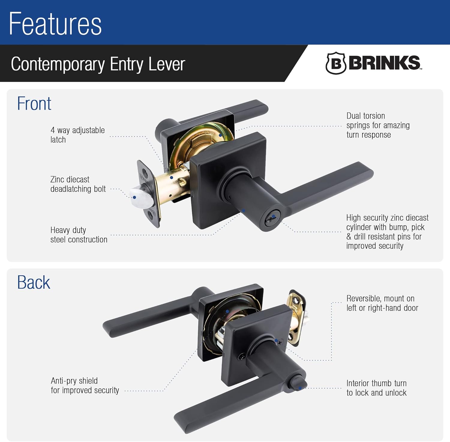 BRINKS – Contemporary Keyed Entry Door Lever, Matte Black - Designed for Sleek and Modern Homes and Blends Seamlessly with Interior Décor (E2417-122)