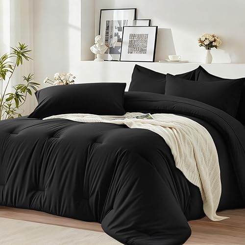 Easthome Queen Comforter Set 7 Piece - Black Soft Bed in a Bag Queen Size Comforter Sets, Cozy Luxury Bedding Sets with Down Alternative Comforter, Flat Sheet, Fitted Sheet, 2 Pillowcases & 2 Shams