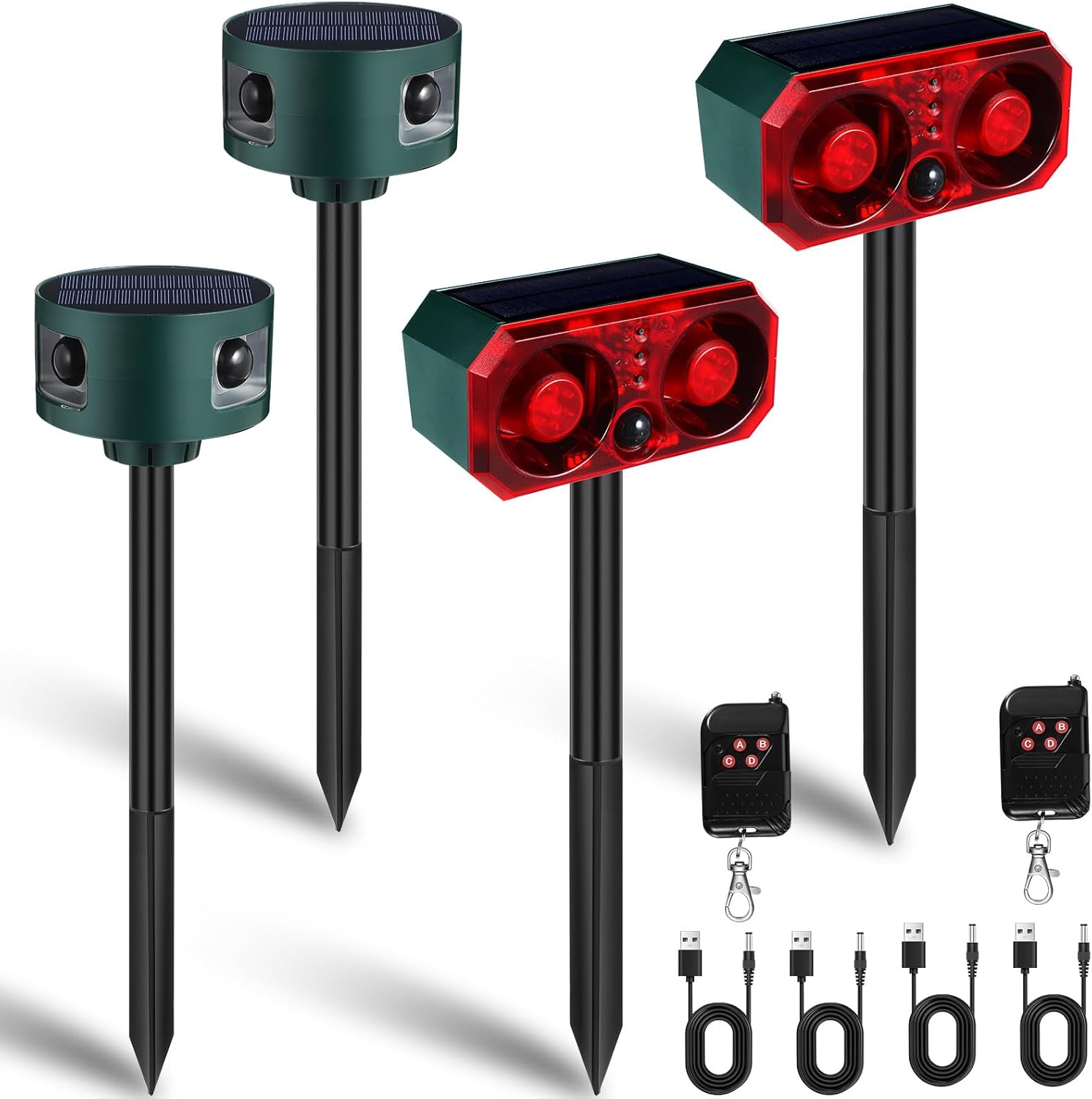 Qualirey 4 Pack Infrared Solar Outdoor Motion Sensor Alarm Animal Deterrent 129db Lound Noise Maker Multiple Work Modes Strobe Light with Remote Control USB Charging Cable for Home, Yard, Farm, Garden