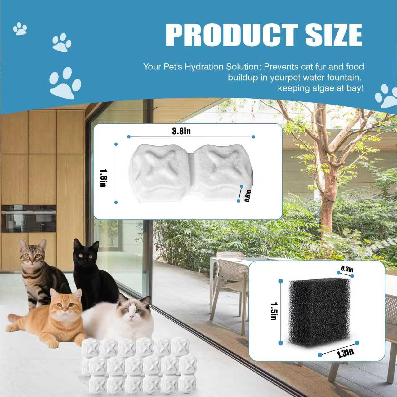 Filtro de fuente de agua para gatos, pantalla de repuesto de filtro de fuente de gato 32P para dispensador de agua de mascotas de acero inoxidable, 16 filtros de carbono y 16 filtros de espuma