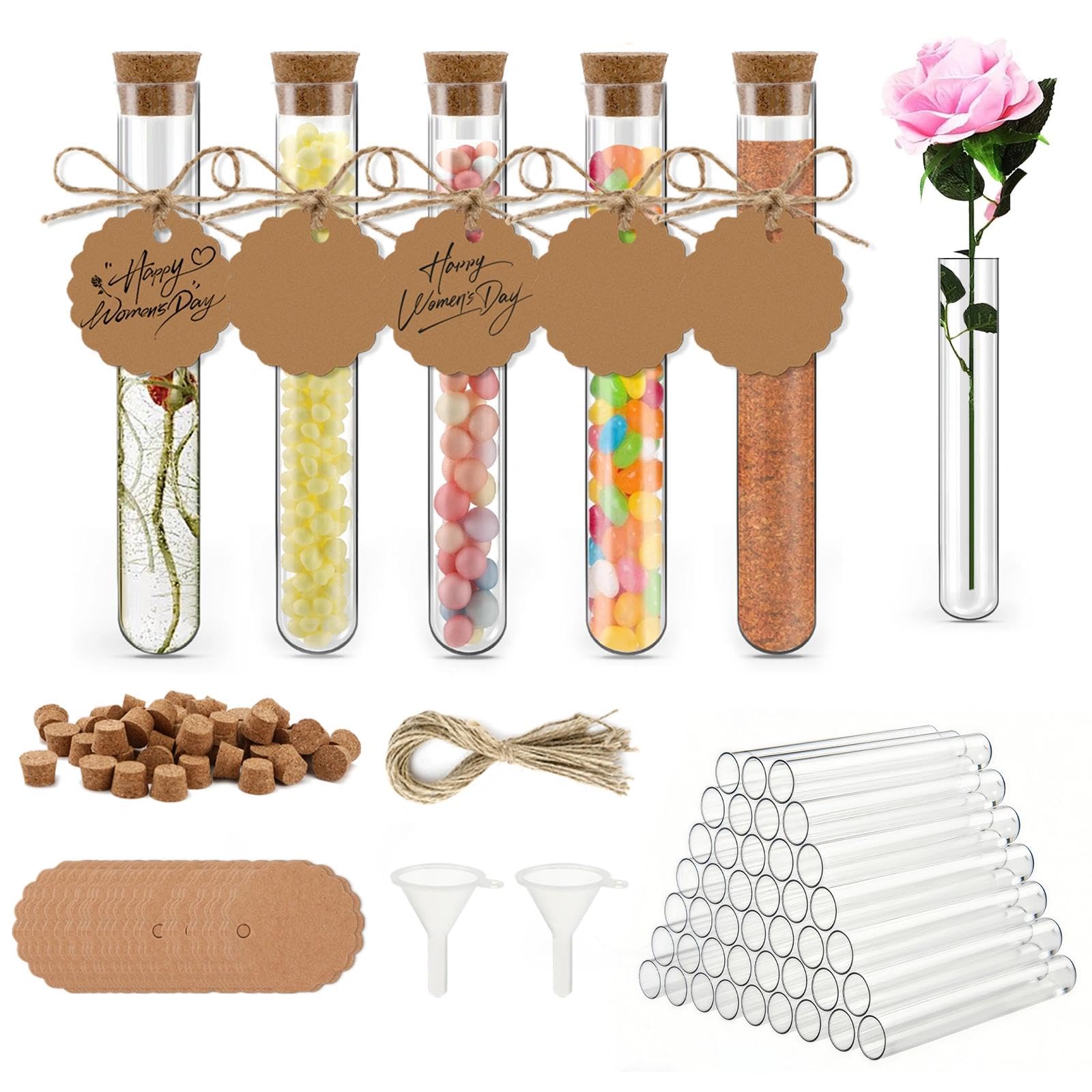 Zikenis 50 Stück Reagenzglas mit Korken, 100 x16 mm Kunststoff Reagenzgläser mit Korken, mit 50 Stück Kraftpapieranhänger+50 Stück Hanfseil+2 Trichter+50 Etiketten, für Liquids Bonbons Spices Deko