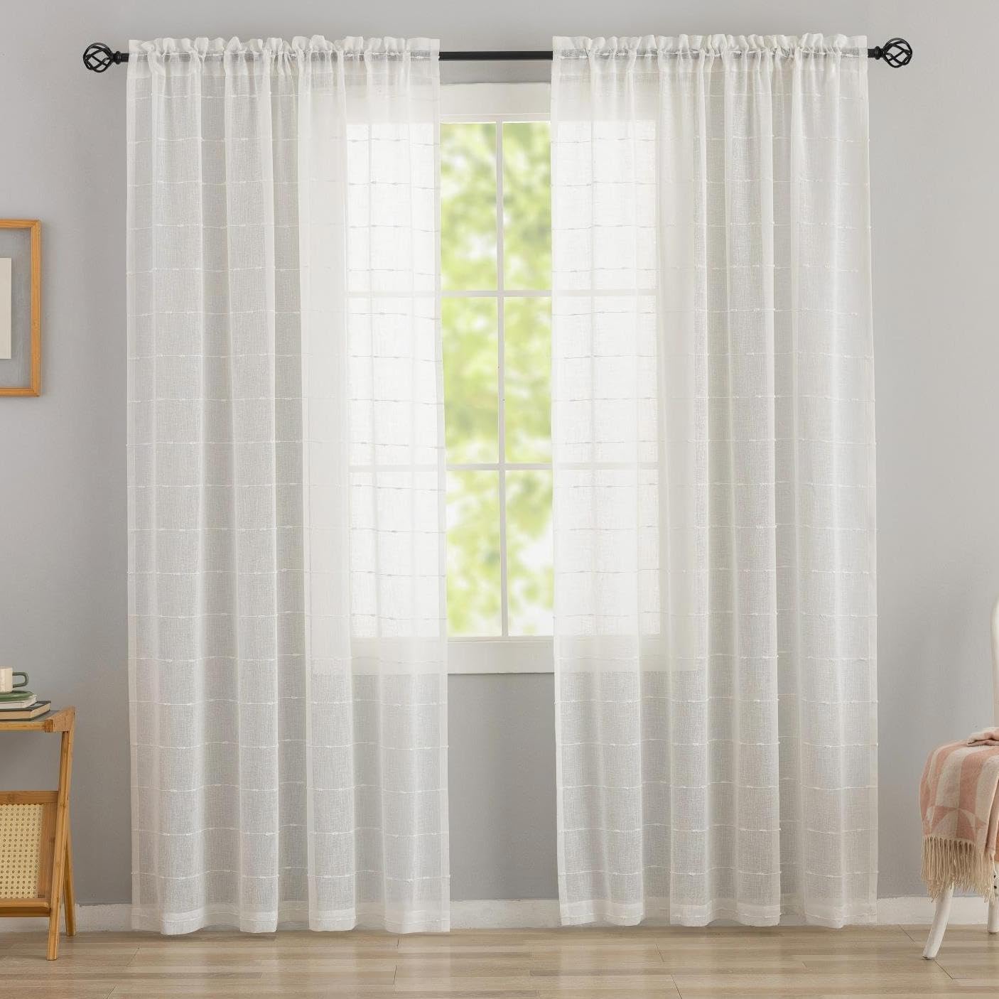 White Sheer Curtains 108 Inches Long for Living Room Boho Faux Linen Curtains with Pin Stripe Rod Pocket Farmhouse Style Texture for Bedroom Dining Room Light Soften Privacy,52"W X 108"L,Pack-2