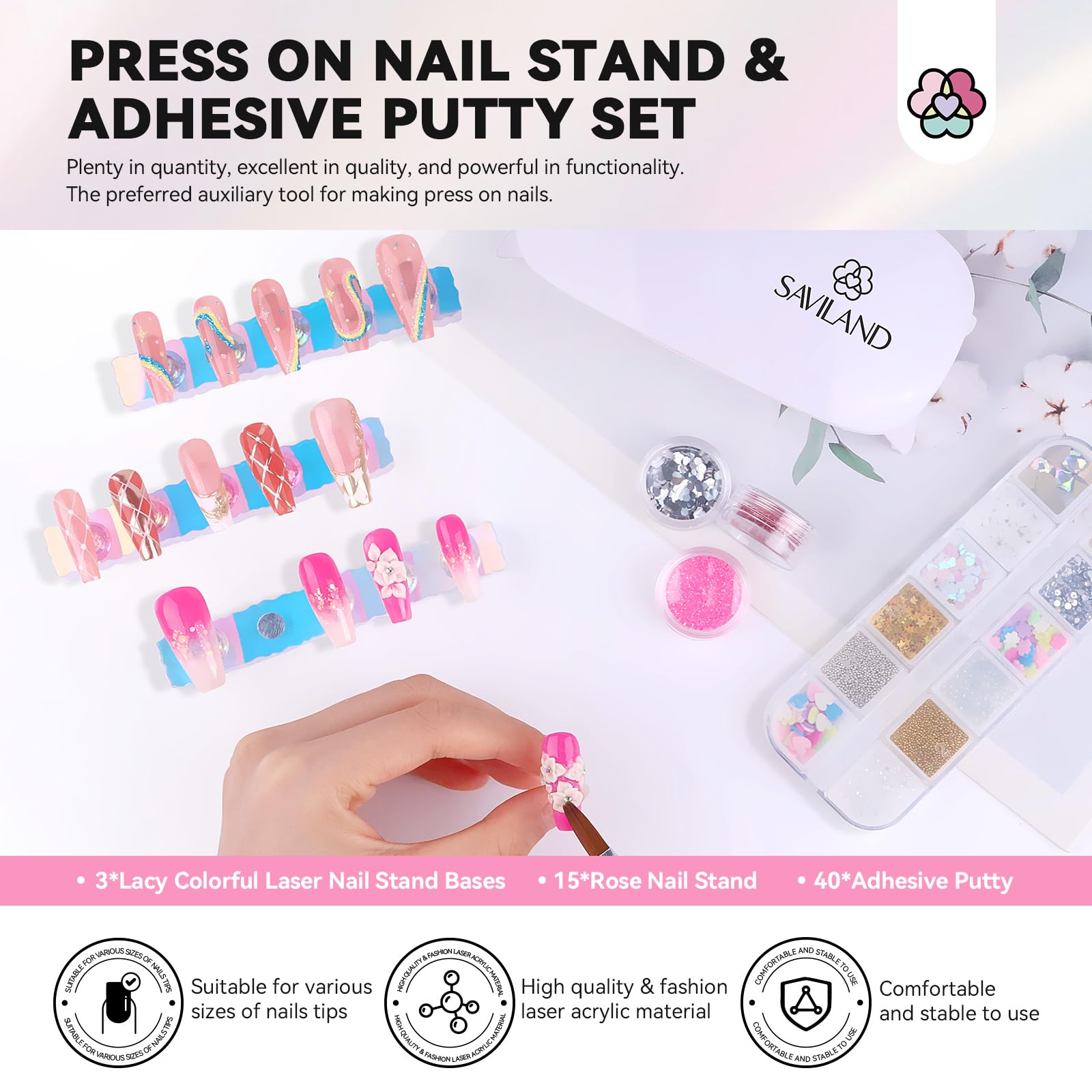 Saviland Nail Stand for Press ons: 3 Set Strong Magnetic Aurora With Nail Stand 40 Pcs Reusable Sticky Putty Nail Holder For Painting Nails For Nails Practice Acrylic Nail Holder Home Beginner Supplies