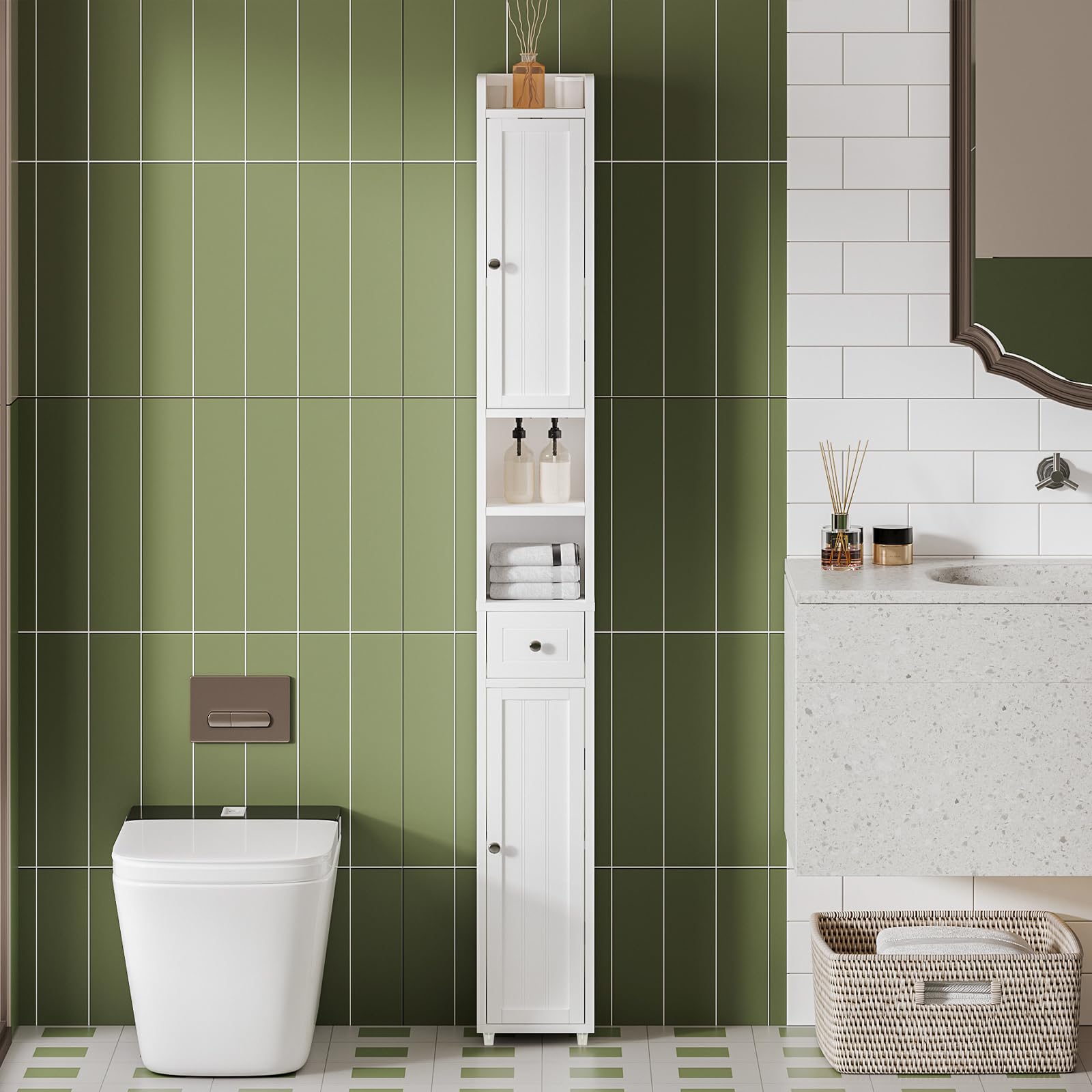 Meuble Colonne Salle de Bain, Armoire Haute de Salle de Bain avec 2 Portes et 1 Tiroir, Étagères Réglables, pour Petits Espaces, Blanc