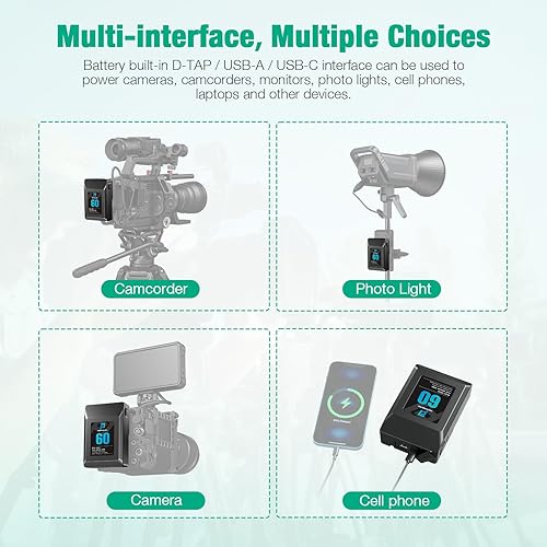 Miniatura 4 de FirstPower Batería de montaje en V/V-Lock, 60 Wh(4200 mAh, 14.4 V), soporte de batería de montaje en V PD 45 W, cargador rápido USB-C, con D-TAP,