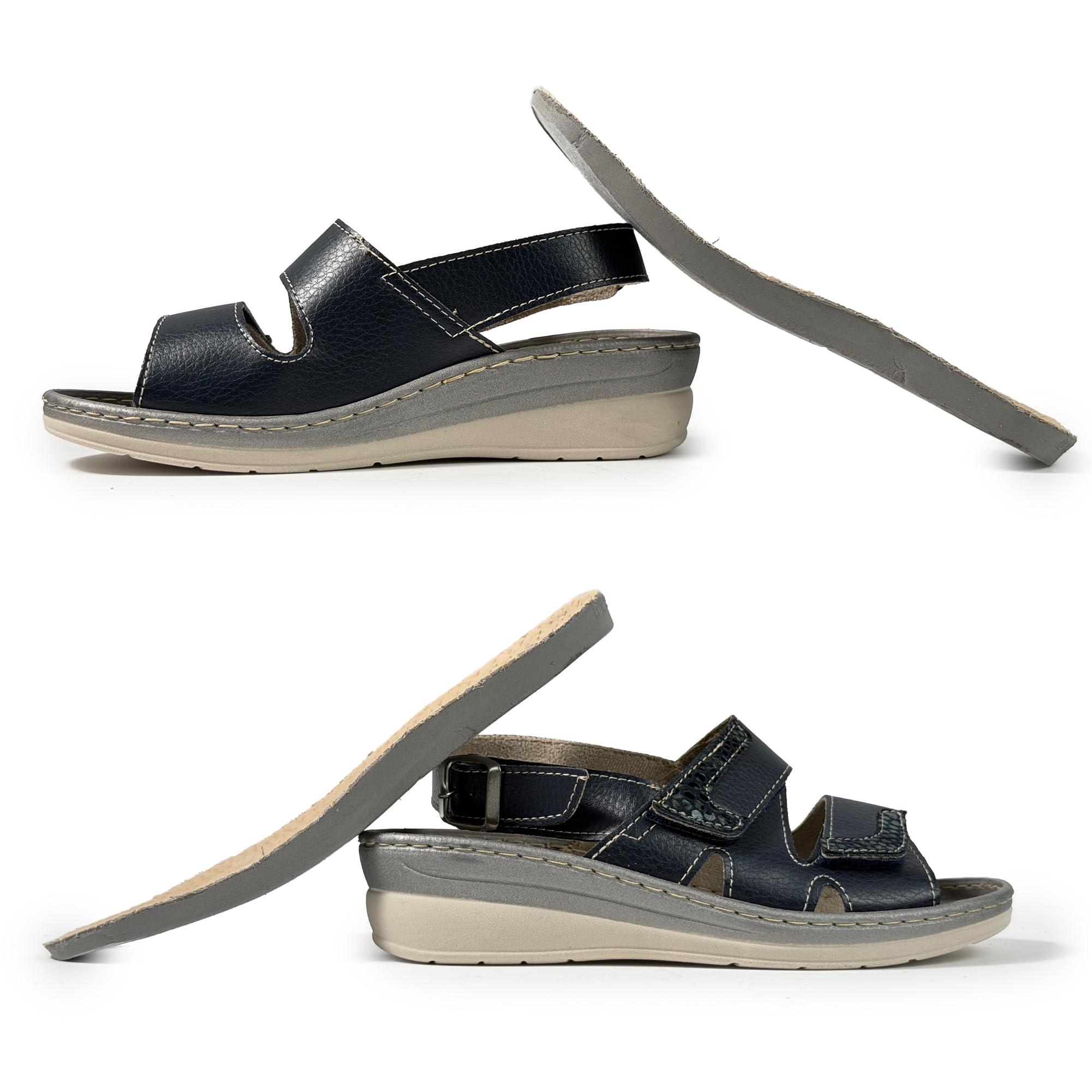 JOMIX Sandalias Mujer Cómodas con Cierre Ajustable Sandalias Ortopédicas Mujer Plantilla Extraíble de Piel Cuña Baja Antideslizante para Pies Anchos Verano Caminar