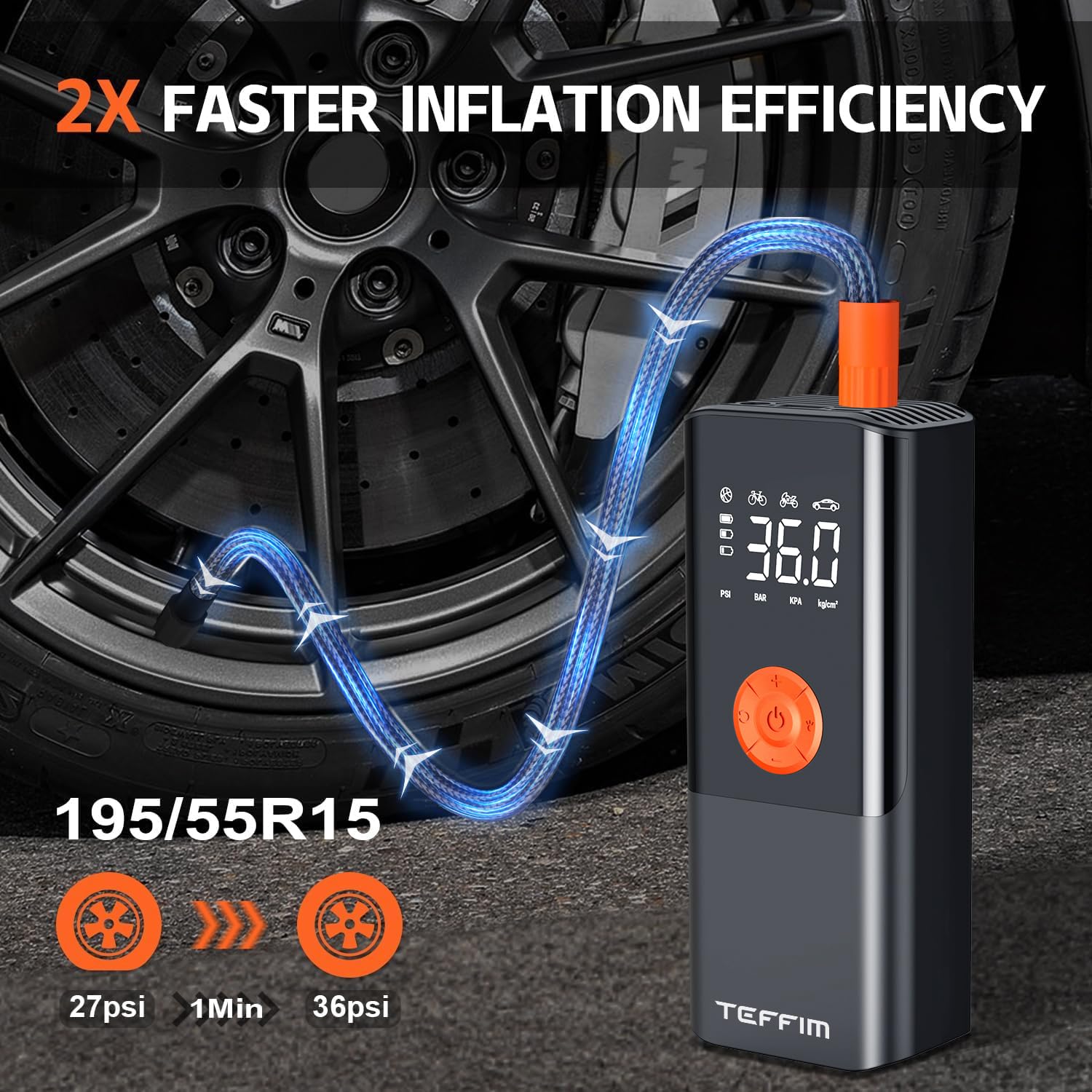 Gonfiatore per pneumatici, compressore d'aria portatile con manometro digitale, pompa d'aria intelligente da 12 V per pneumatici di auto, moto, SUV, bici elettriche, biciclette, palloni