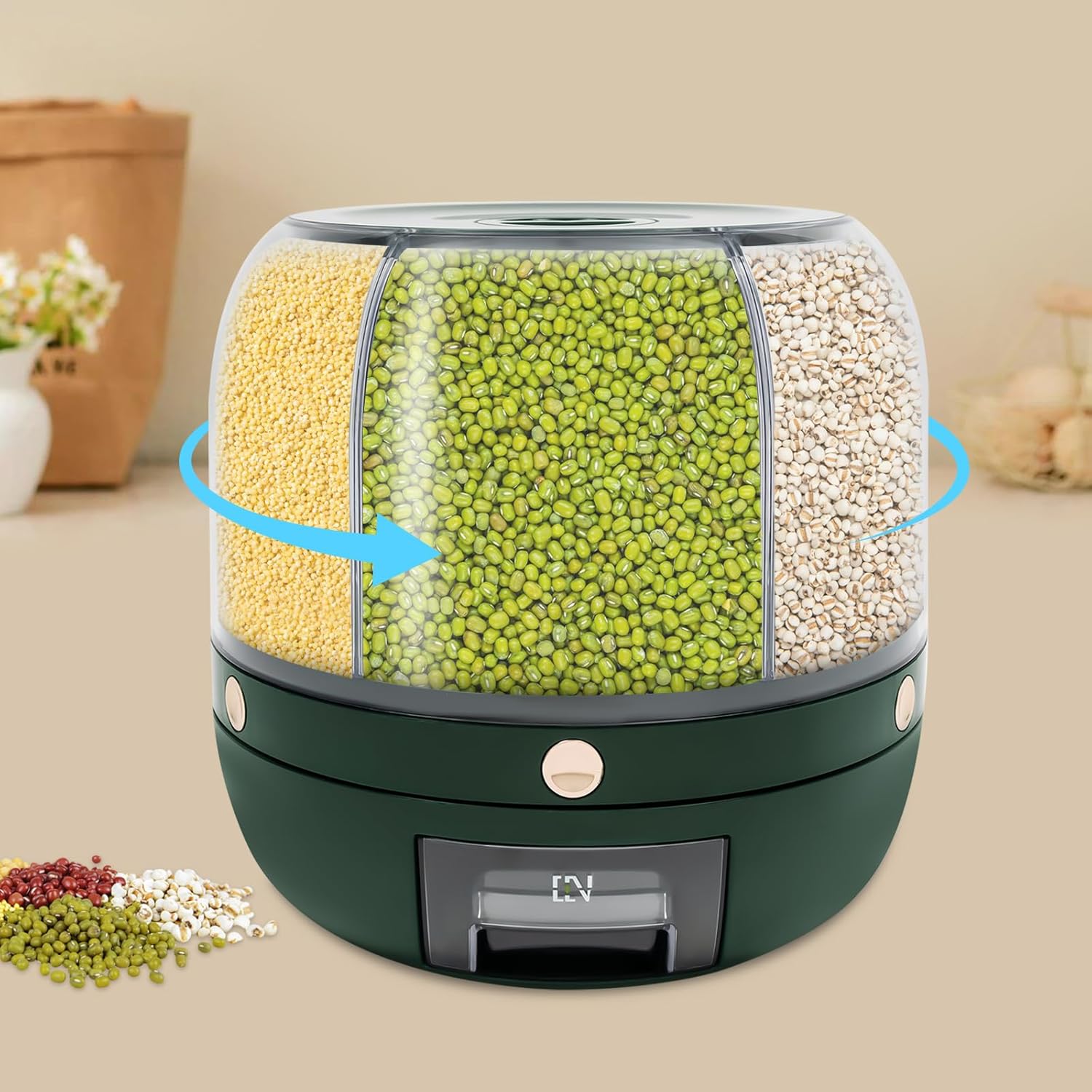 13.2LB Cereal Dispenser Grain Dispenser, 6 Compartment Rice Storage Container, 360° rotating food dispenser One-Click Output rice Storage, Dispenser Container for All Beans, Rice (Light luxury green)