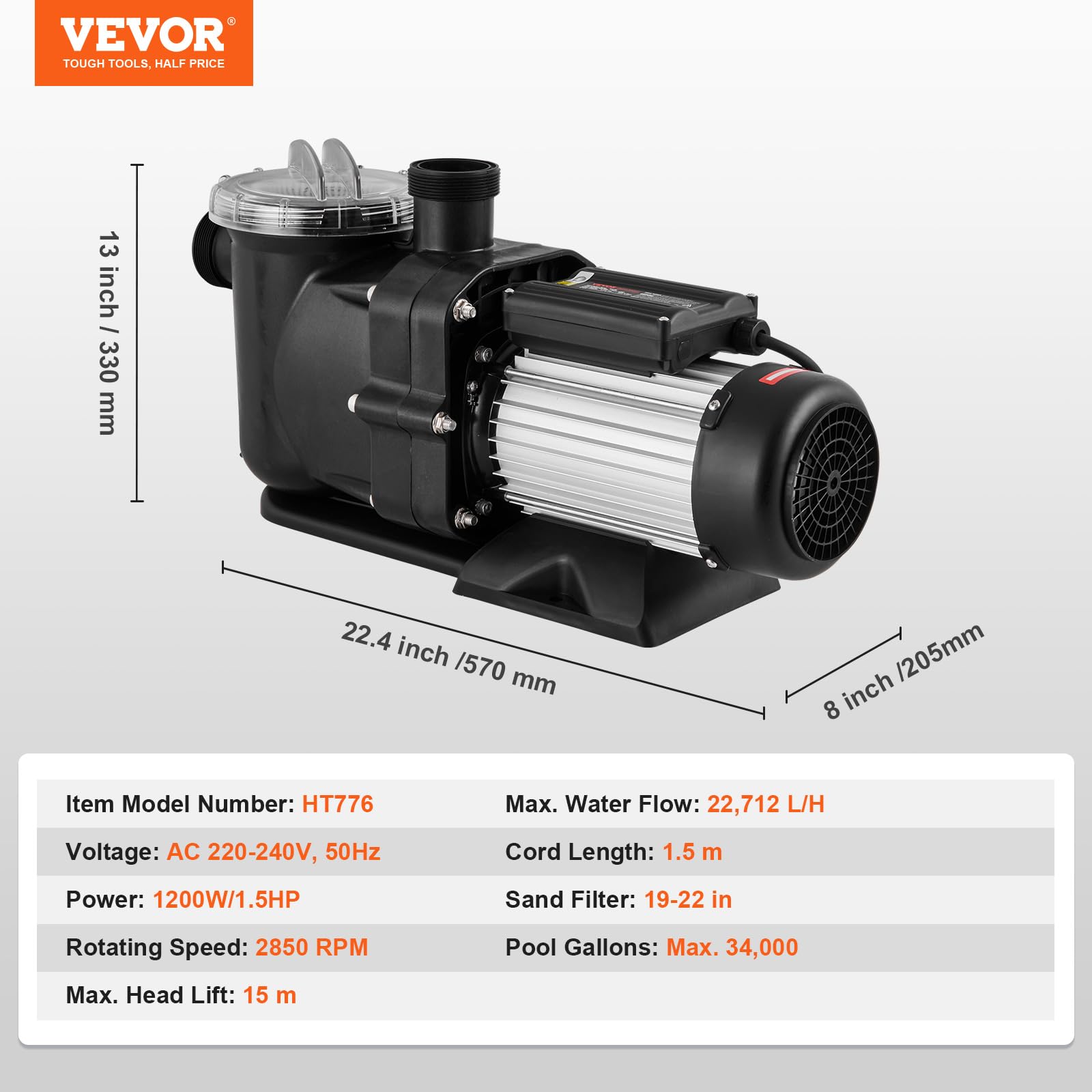 VEVOR Pompa basenowa 1,5 KM, maks. przepływ, 100 GPM, pojedyncza pompa basenowa, 220 V, 2850 obr./min, maks. wysokość tłoczenia 15 m, pompa filtrująca z koszem filtrującym, do basenów rozkładanych,