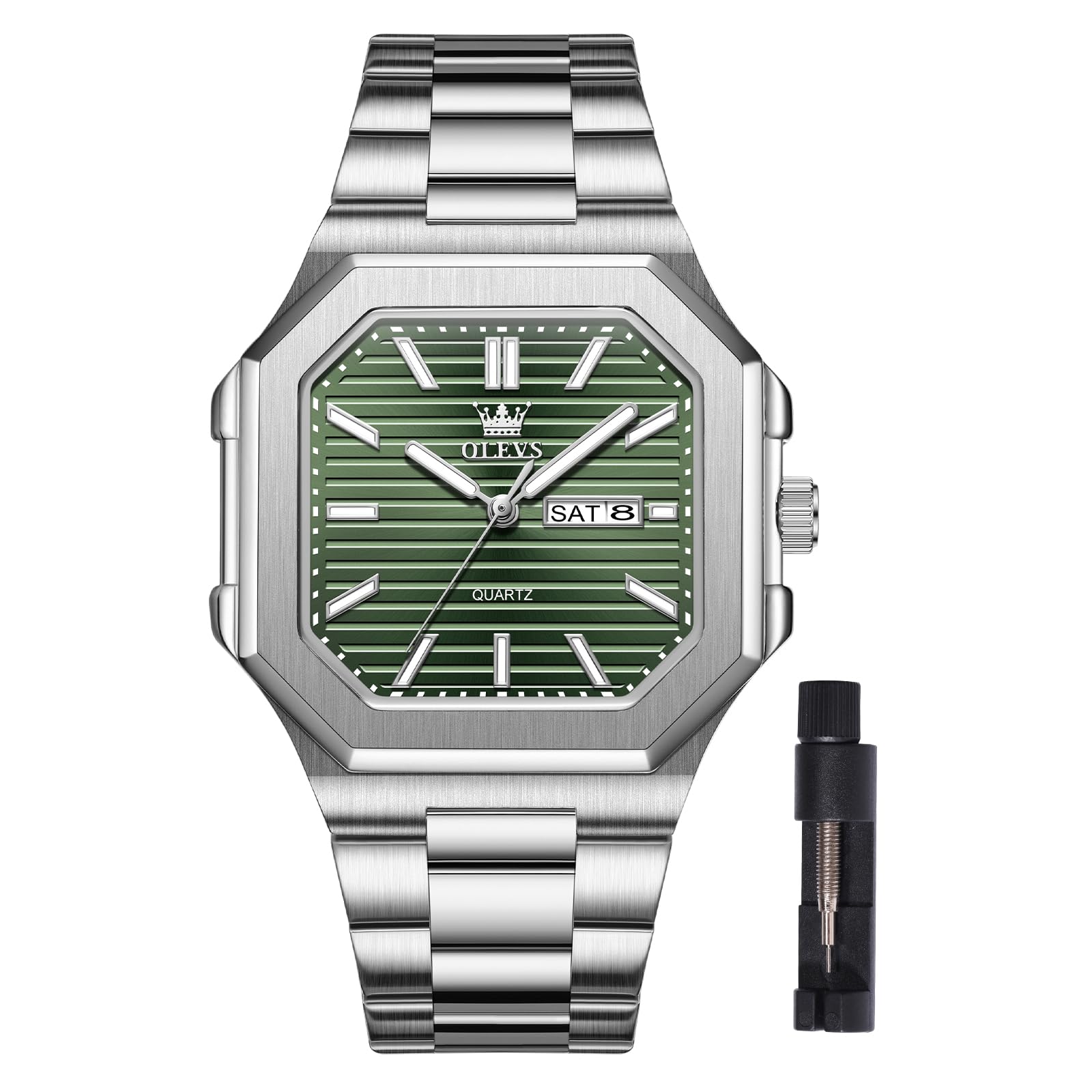 OLEVS Orologio ottagonale da uomo con quadrante testurizzato luminoso Day-Date e data, impermeabile in acciaio inossidabile elegante orologi da uomo per hombres argento/nero/verde/blu/oro rosa