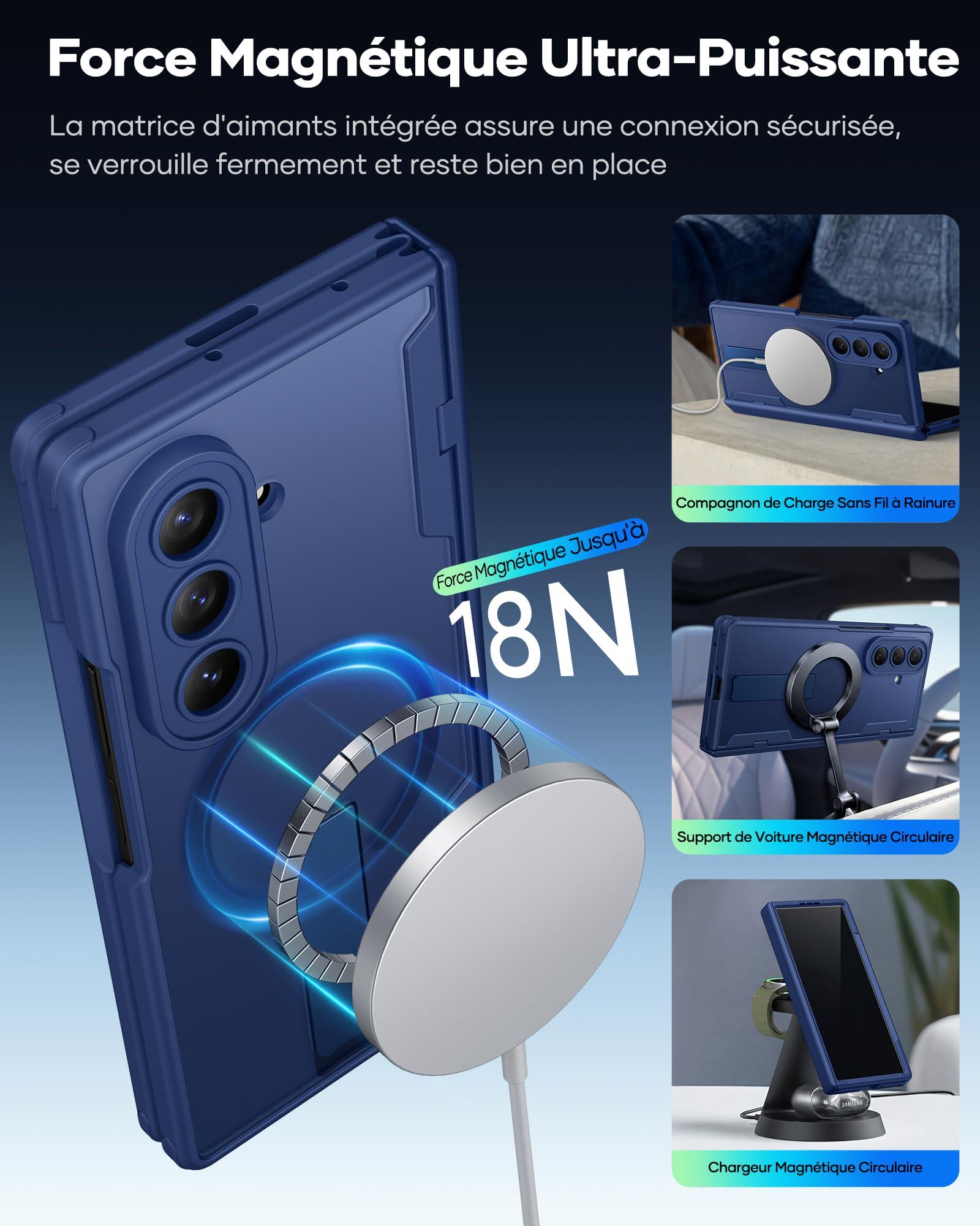 Custodia per Samsung Galaxy Z Fold 7 con pellicola protettiva frontale integrata, compatibile con MagSafe, supporto integrato e protezione cerniere, custodia protettiva antiurto per Fold 7, blu
