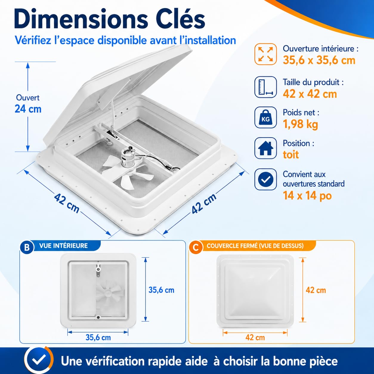 Lanterneau Camping Car 42 x 42 cm, Fenetre Camping Car Avec Moustiquaire et ventilateur intégré, Pour Ouvertures de 14 x 14 pouces, Caravane, camion, Camionnette (Blanc)