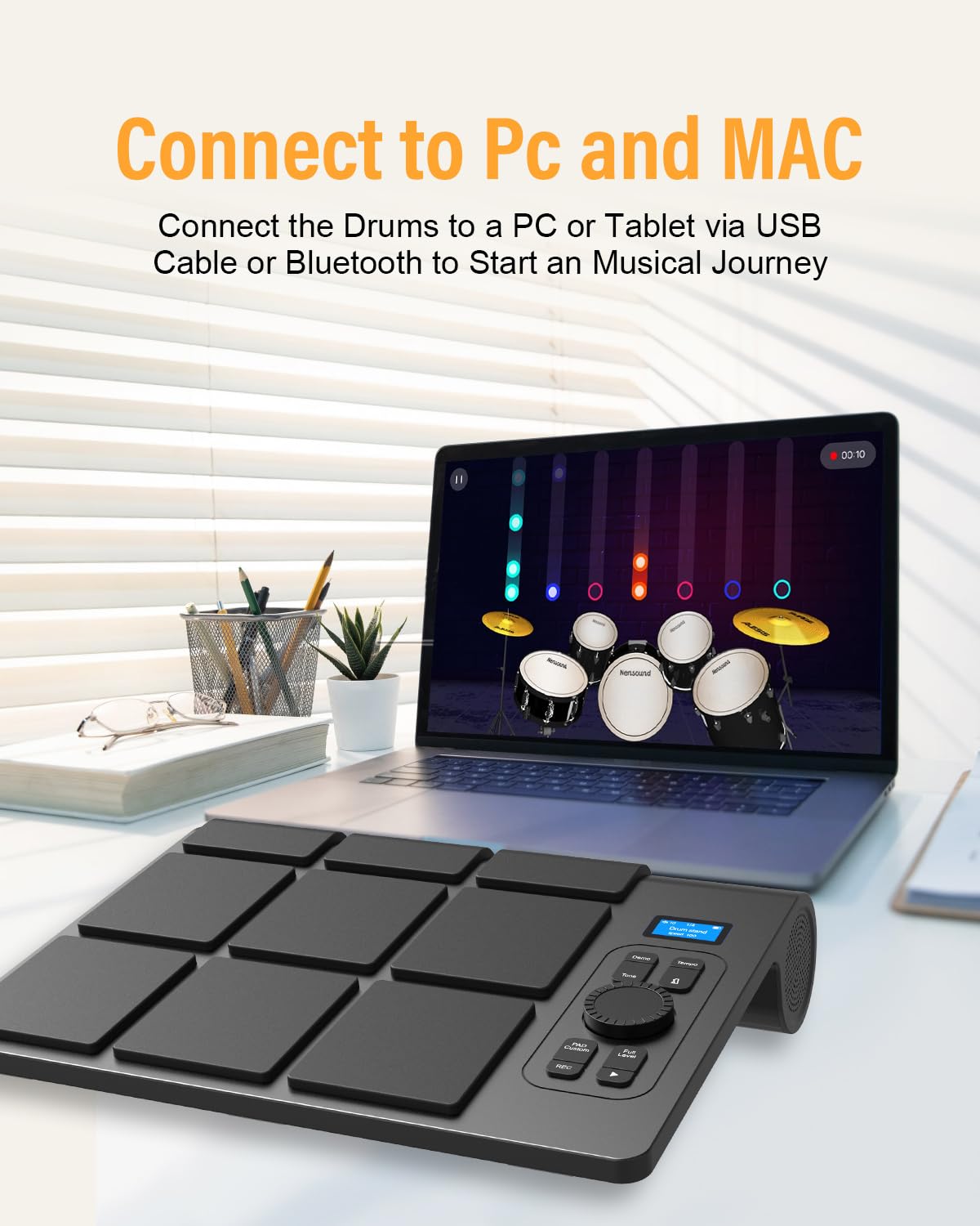 Batterie électronique 9 pads avec LCD, deux haut-parleurs stéréo et pédales | Set de batterie portable pour débutants et professionnels | Compatible avec Bluetooth MIDI | Idéal pour la maison