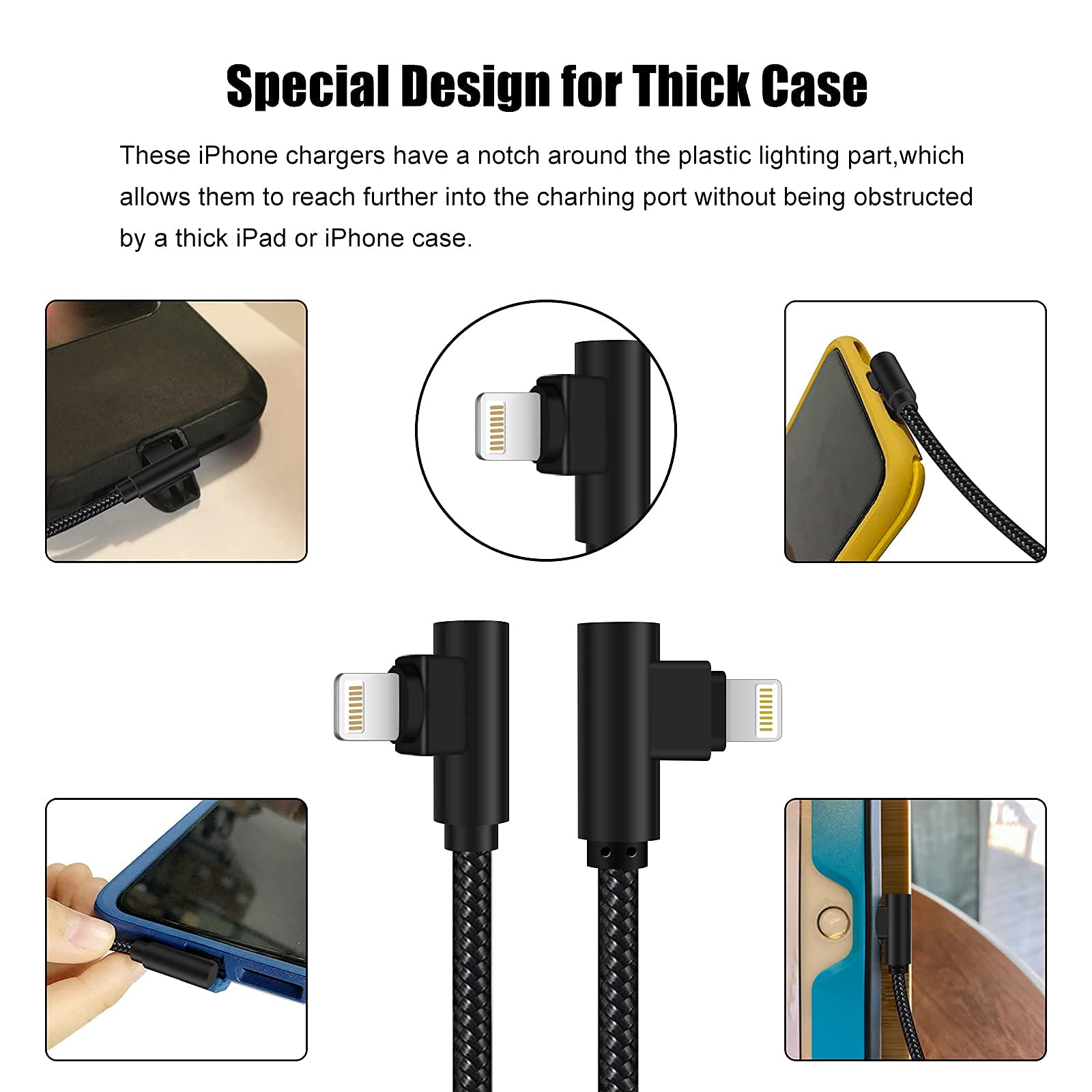 Cargador para iPhone de 3 pies con certificación MFi, paquete de 3 cables Lightning trenzados de nailon de 90 grados, cable de carga en ángulo recto para iPhone 14 13 12 11 Pro X XS XR 8 Plus 7 7