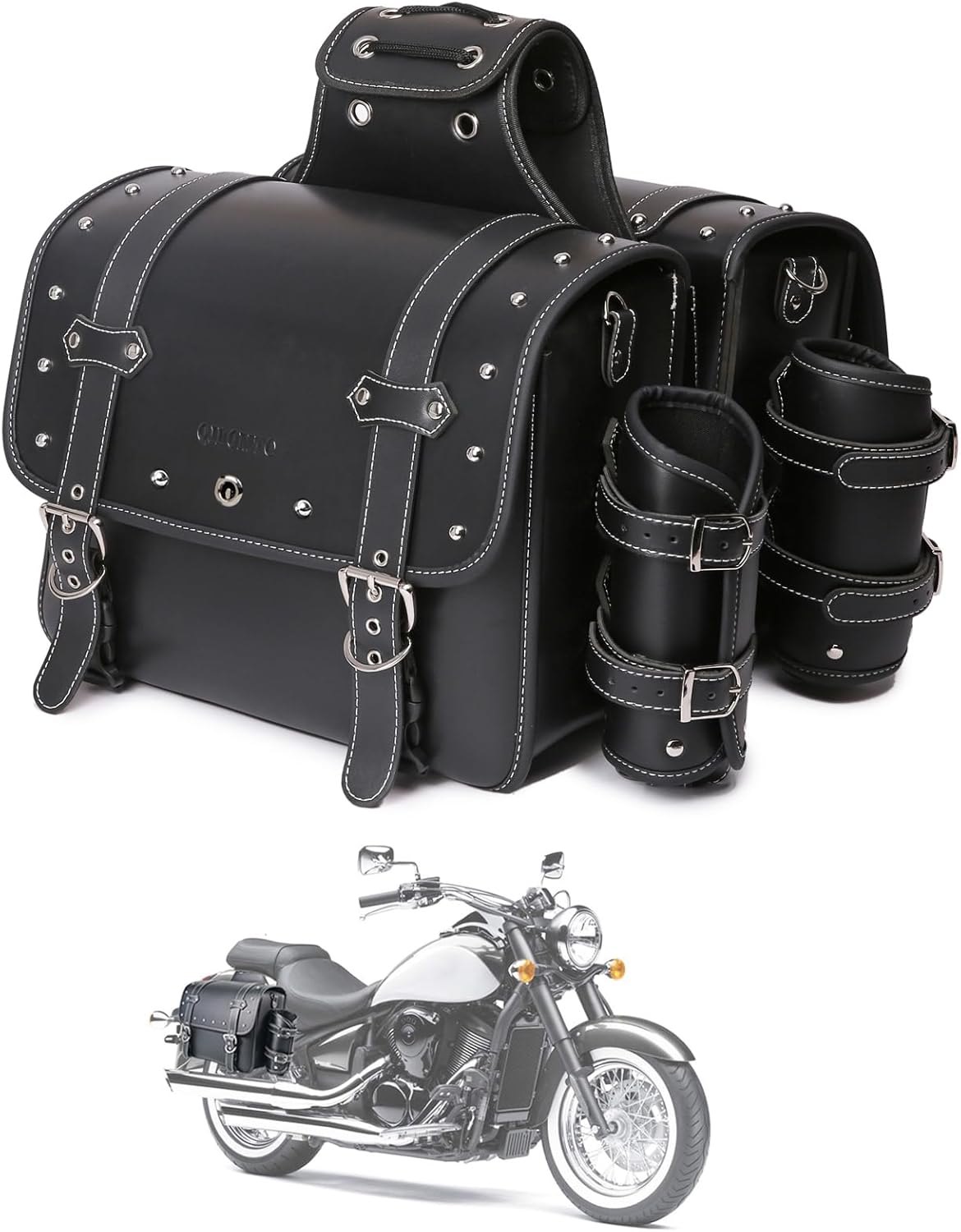 High-density Leather Motorcycle Saddlebags- Throw Over Saddle bags,Panniers Side Bags with cup holder,Harley Sportster Waterproof, Side Tool Bag,Storage Tool Bag for Motorbike,Universal,1 Pair,Black (Black13)