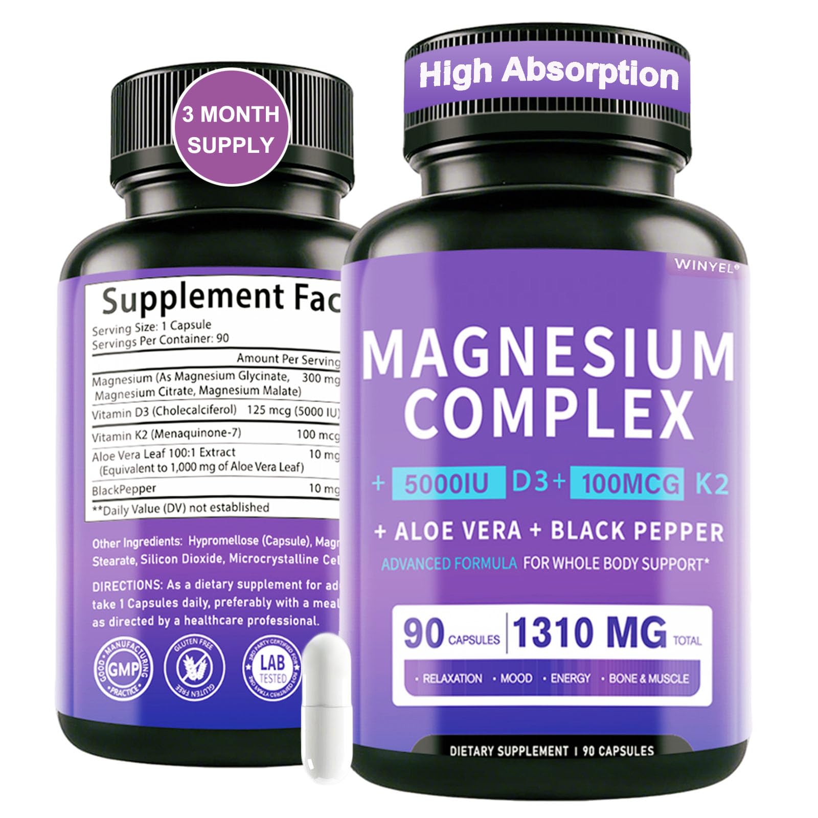 Magnesium Complex Supplement 1310mg - Chelated Magnesium Glycinate, Malate, & Citrate with Aloe Vera, Vitamin D3 & K2, Black Pepper - Stress Relief, Sleep, Nerve, Heart, Bone & Muscle* - 90 Capsules