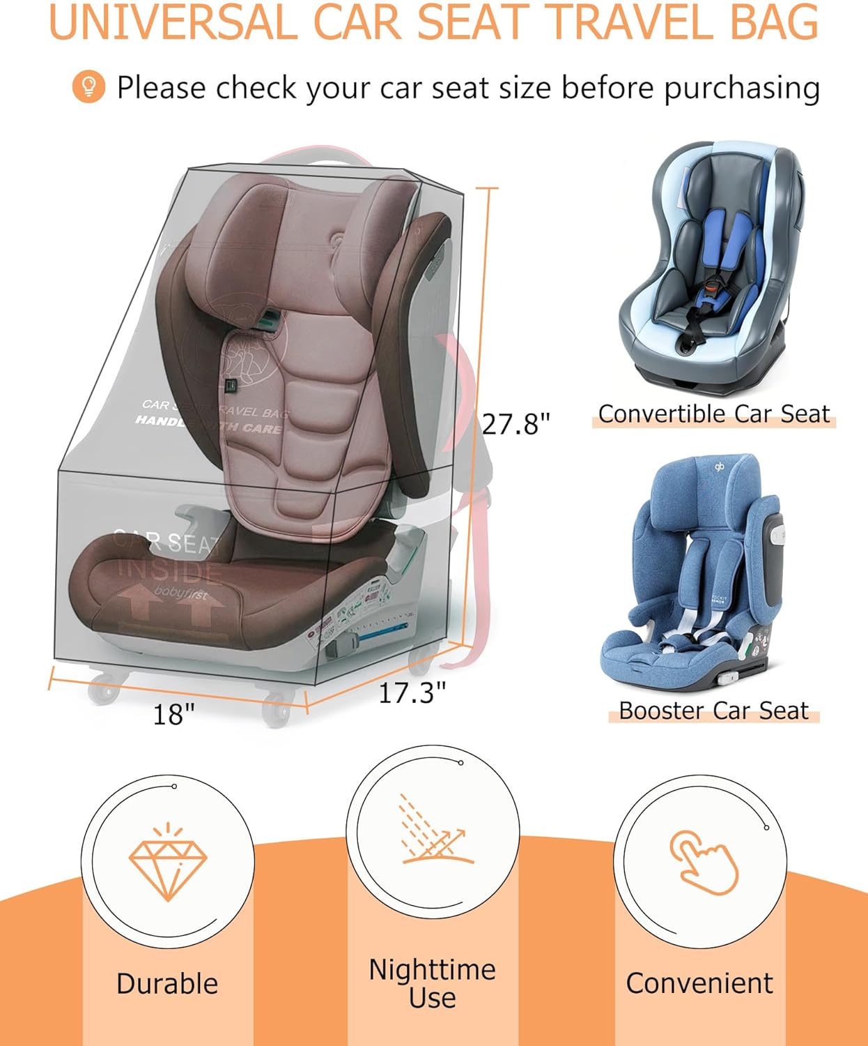 MCBD Car Seat Travel Bag for Airplane with Wheels, Padded Baby Carseat Backpack for Airport Gate Check Carrier Fits Booster Seat & Luggage Toddler Carseat Cover with Reflective Strips, Black