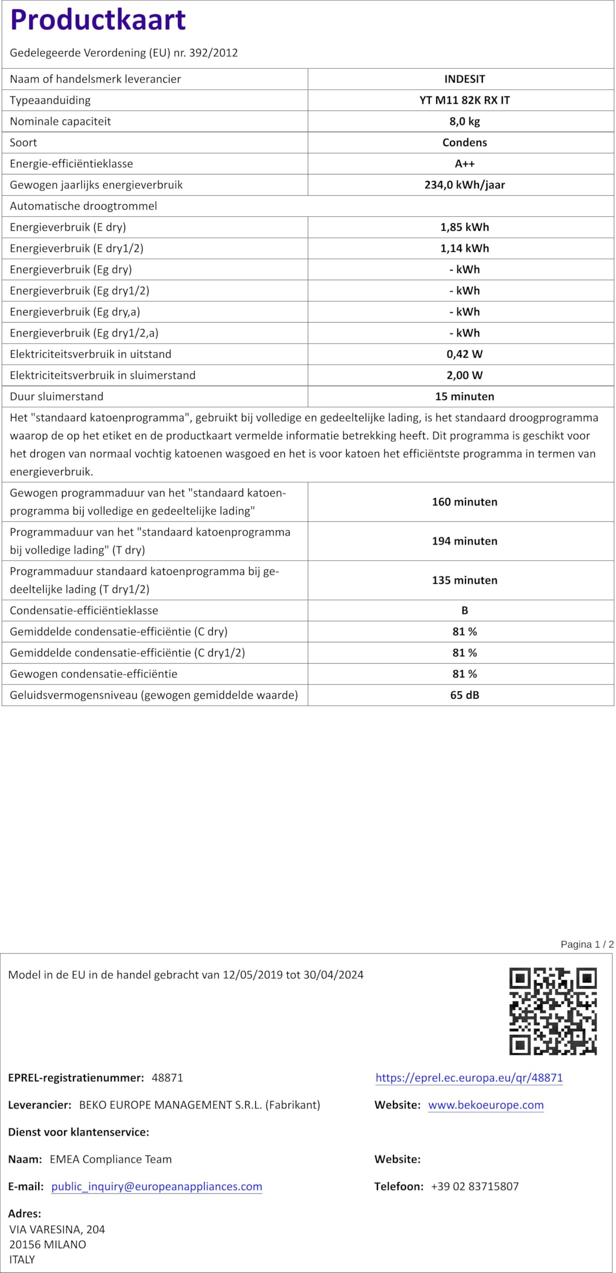 Indesit Asciugatrice Yt M11 82K Rx It Libera Installazione Caricamento Frontale Bianco 8 Kg A++, ‎‎59.5 x 64.9 x 84.9 cm; 44 Kg