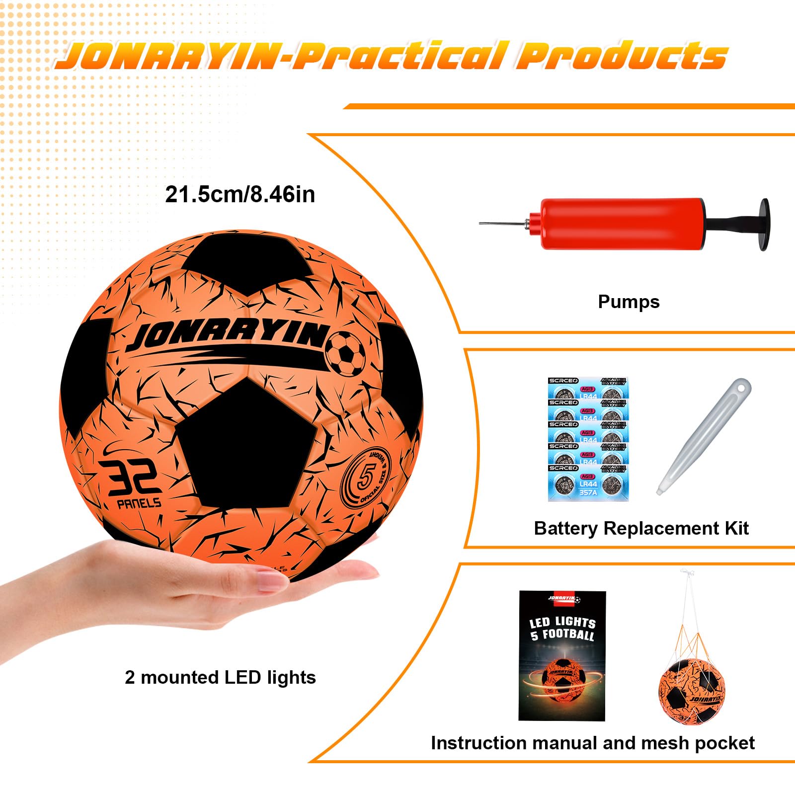Ballon De Football LED JONRRYIN - Taille 5 Officielle - Éclairage Nocturne Avec Pompe