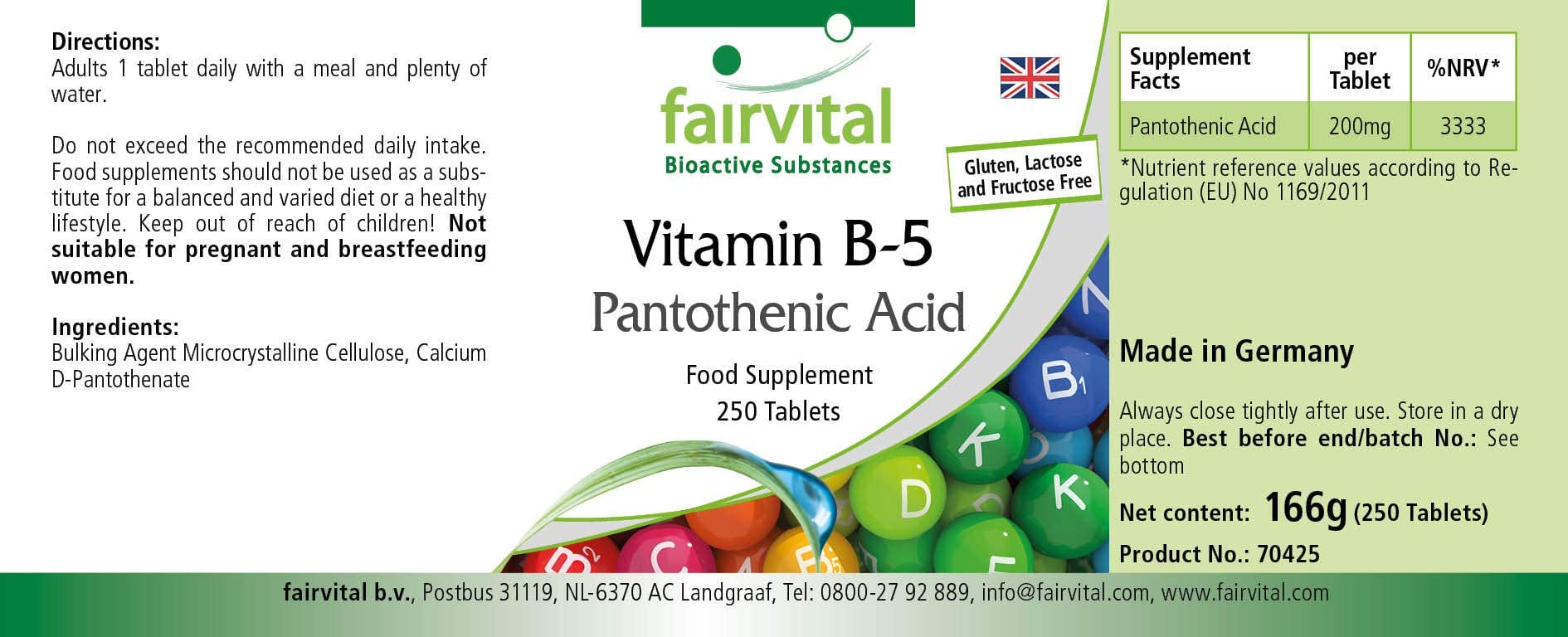 fairvital Vitamin B5, 250 Tabletten, schluckfreundlich, hochdosierte 200mg Pantothensäure, VEGAN, Made in Germany (Packung mit 2)