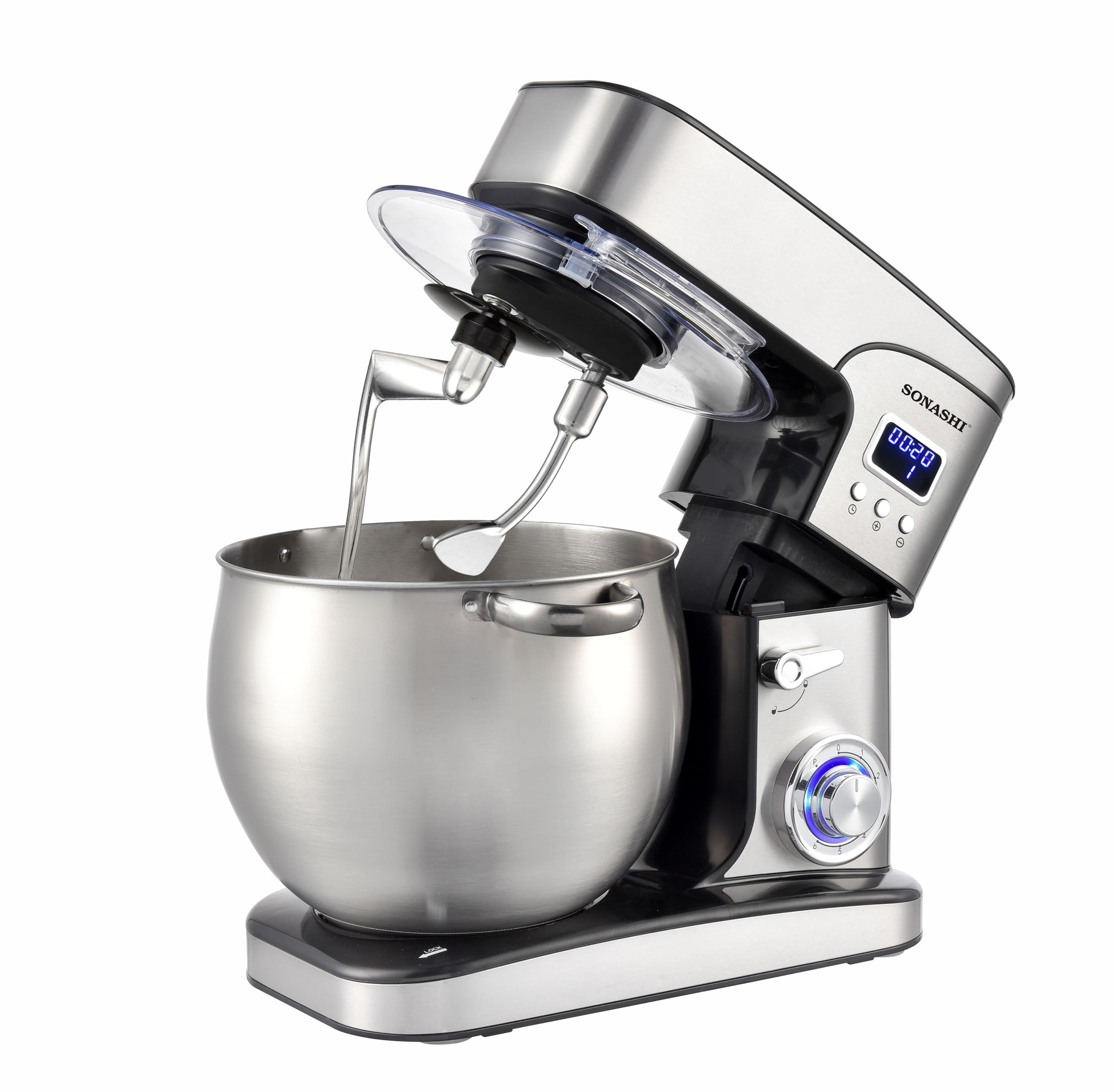 Sonashi 2L Stand Mixer – 6-Speed with Pulse & LED Display | Stainless Steel Bowl, Splash Guard | Whisk, Dough Hook & Beater | 2000W Powerful Copper Motor | SMX-147