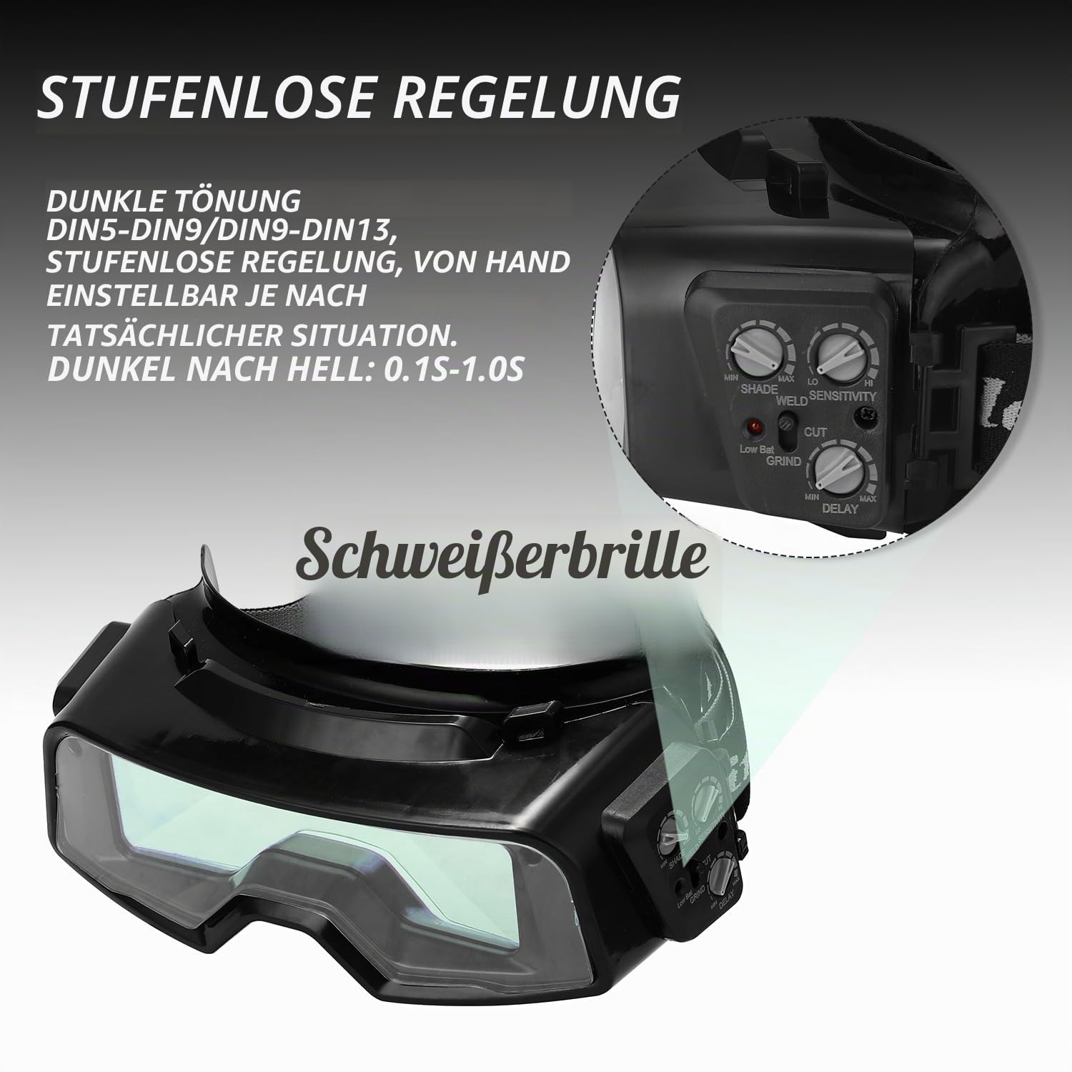 Weytoll Schweißerbrille Einstellbare, für TIG MIG MMA Schweißbrille mit automatischer Verdunkelung, 122.5 x 35 mm DIN5 ~ DIN9 / DIN9 ~ DIN13, Verzögerungszeit/Ton einstellbar, Schleifen Schweißen