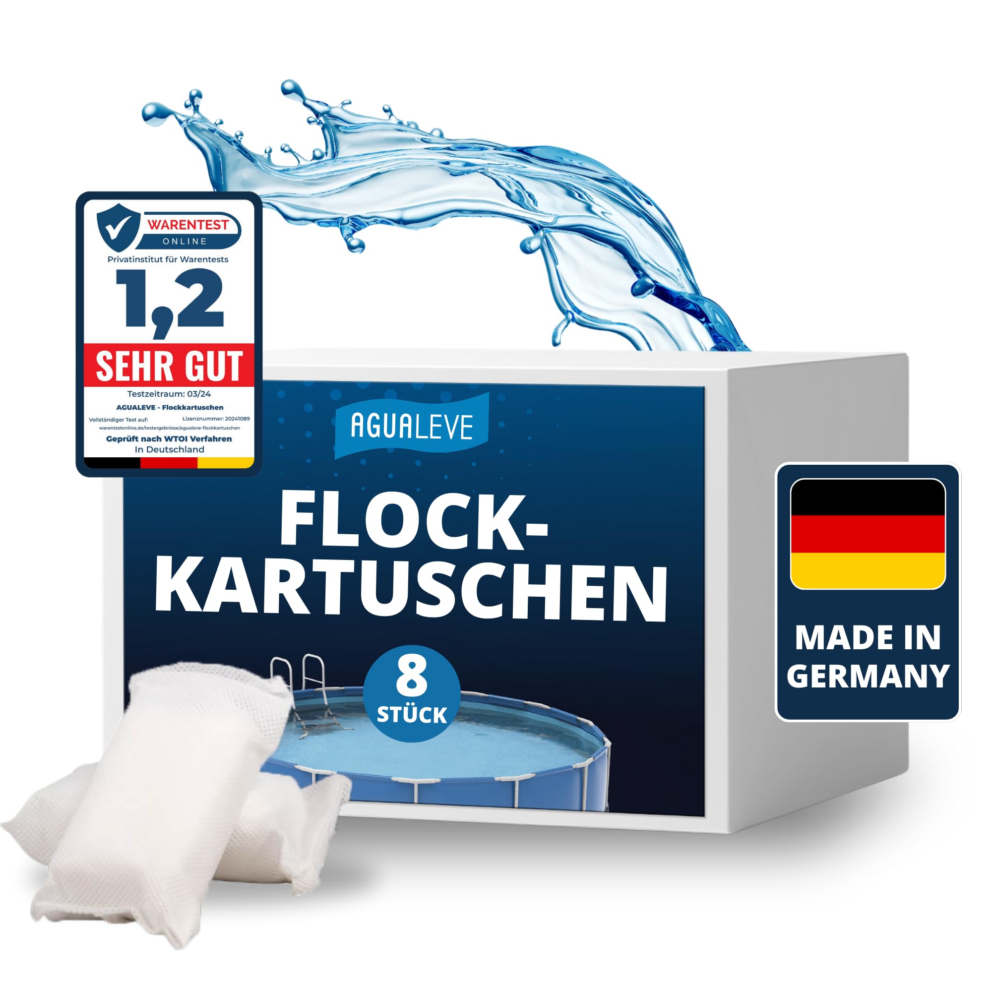 AGUALEVE® Flockmittel Pool Kartuschen 8 x 125g | flockt Verunreinigungen für klares Wasser| für Sandfilter, Filterbälle, Glasfilter UVM. | für Pools, Aufstellpools, Whirlpools | Made in Germany