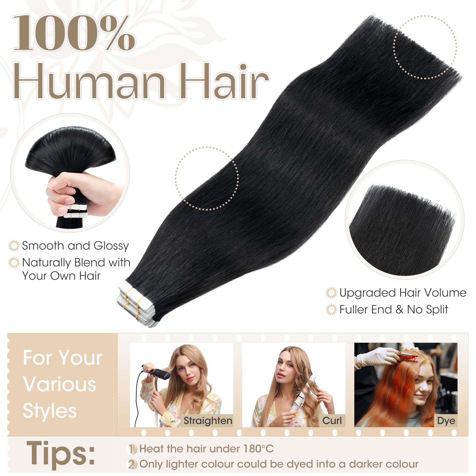 Elailite Tape in Hair Extensions Real Human Hair 20 PCS 24 Inch 50g Long Straight Skin Weft Remy Hair Extension - #1 Jet Black - Image 3
