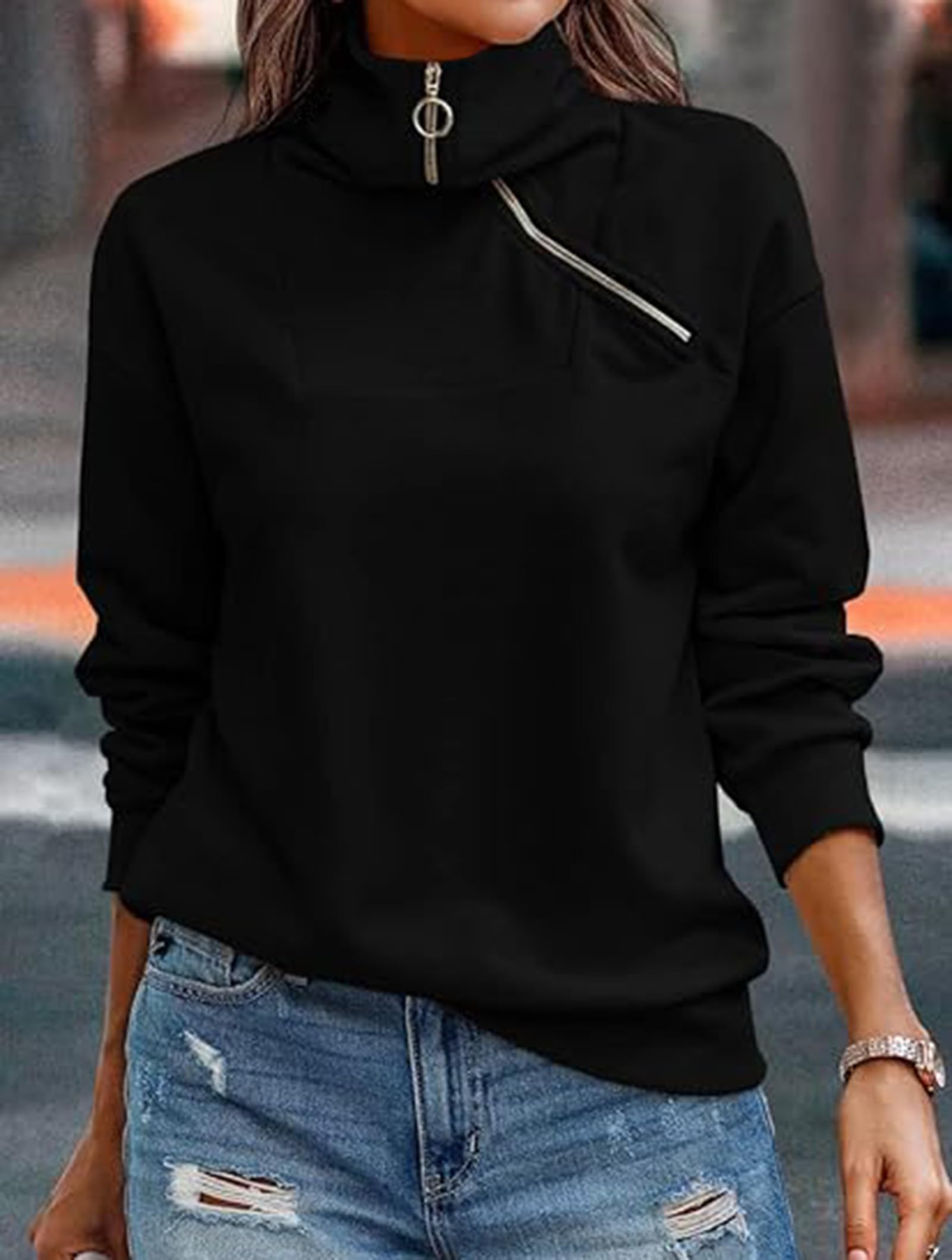 Cuptacc Felpa Donna Mezza Zip Scollo a V Maglia Donna Manica Lunga Casual Tinta Unita Autunno Camicia Donna Elegante
