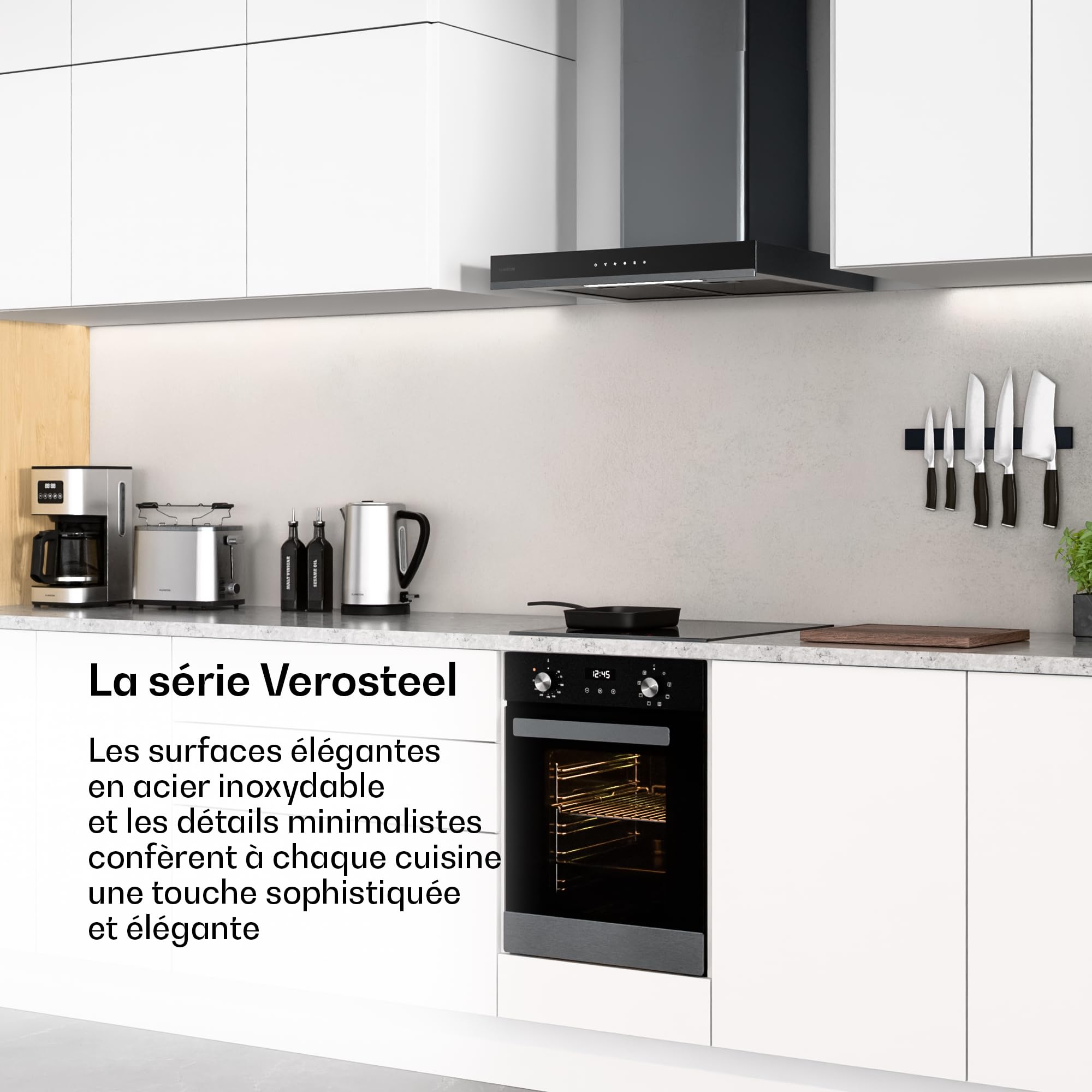 Klarstein Verosteel Four Encastrable 45 cm - 49L, 8 Modes, Classe A, Nettoyage Facile, Commande Rotative, Porte Double Vitrage, Four Électrique Encastrable Inox & Verre Noir