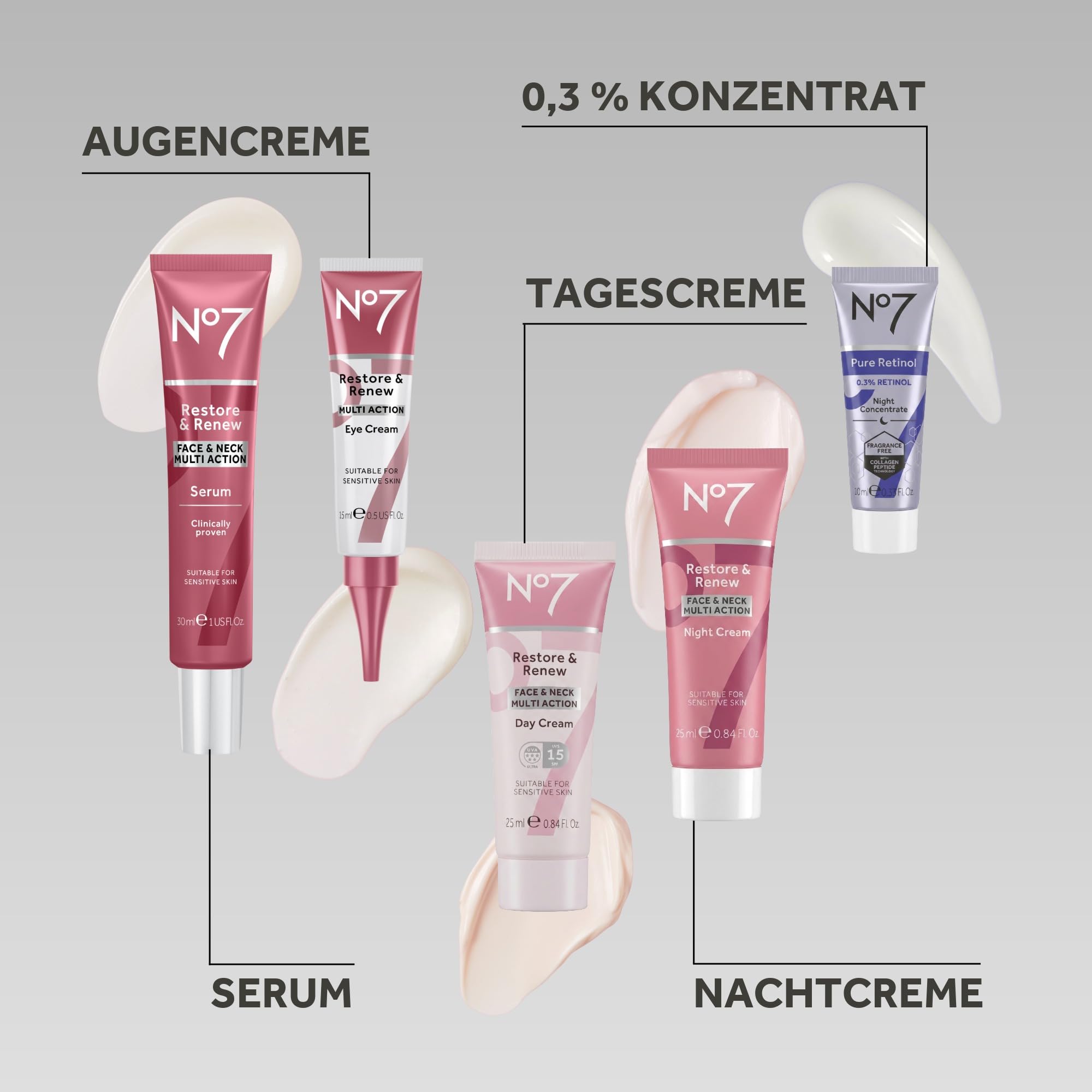 No7 Restore & Renew Anti-Aging Geschenkset - Hautpflege, 5-teilig | Gesichtsserum 30 ml, Tagescreme 25 ml, Nachtcreme 25 ml, Augencreme 15 ml, Retinol 10 ml, wirkt gegen Falten