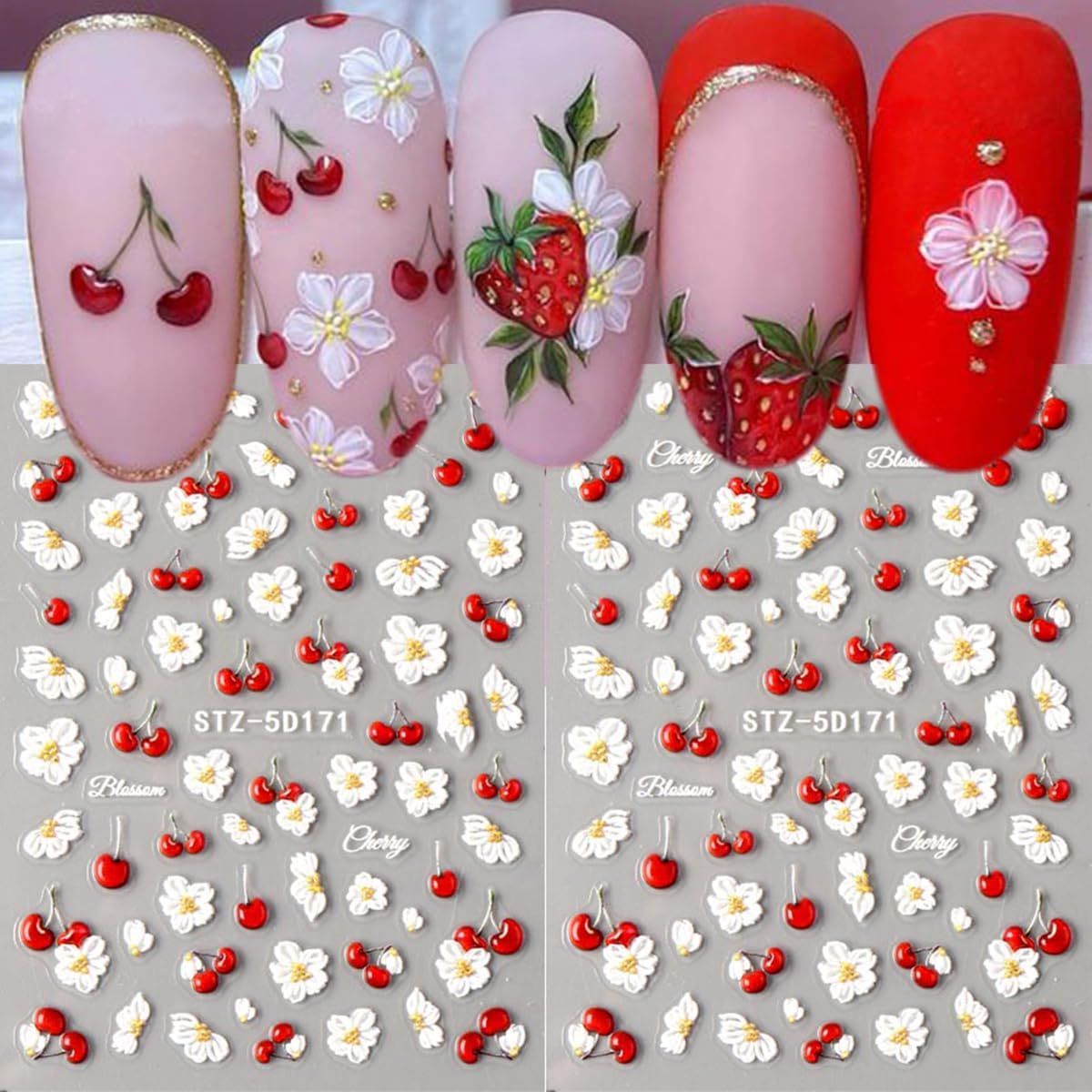 2 Sheets Spring Floral Nail Stickers for Nail Art - 5D Embossed Nail Decals Daisy Flowers Cherry Nail Art Sticker Gold Glitter Design Nail Supplies DIY Manicure Stickers Decorations for Women image 5
