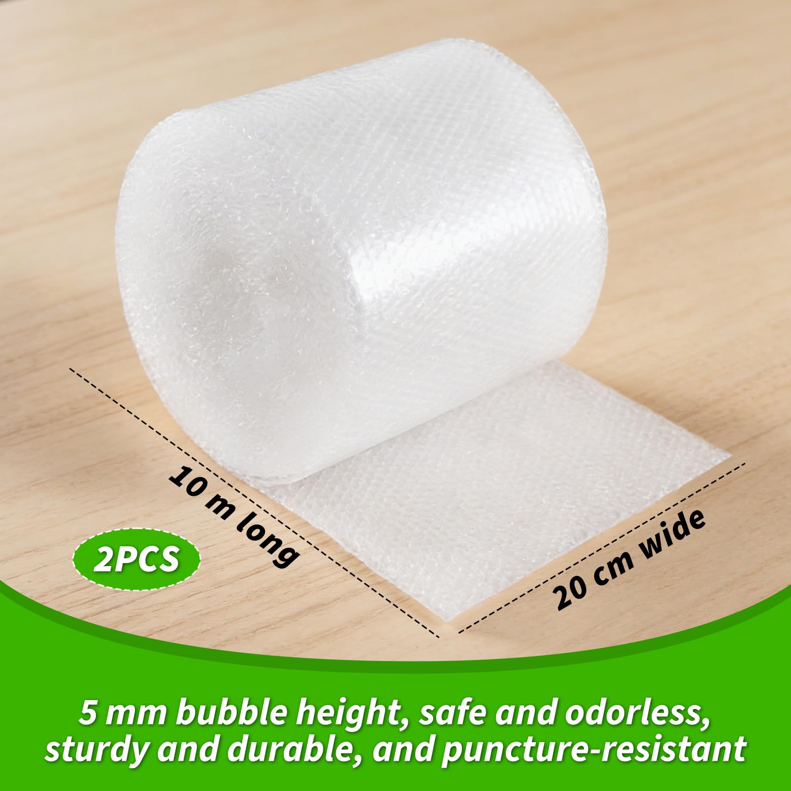 Rierousy Rollo de envoltura de burbujas, 10 m de largo x 20 cm de ancho, película de embalaje, película de embalaje, rollo de material de embalaje, lámina acolchada de polietileno, 2 rollos para