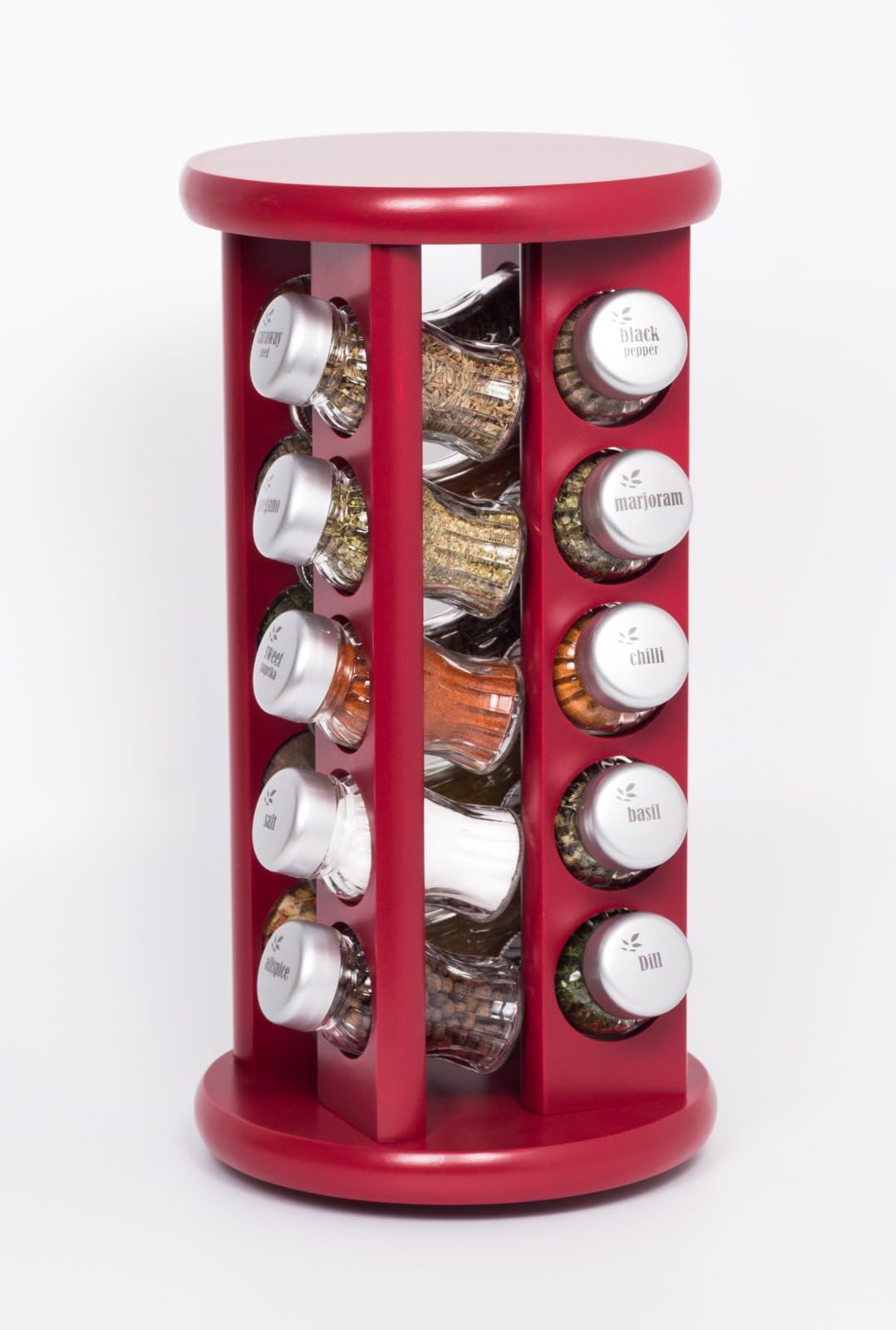 20 Jar Revolving Wooden Spice Rack filled with Herbs and Spices + 2 Jars Absolutely FREE! Rotating 20s by GALD claret (bordeaux, deep red) satin caps