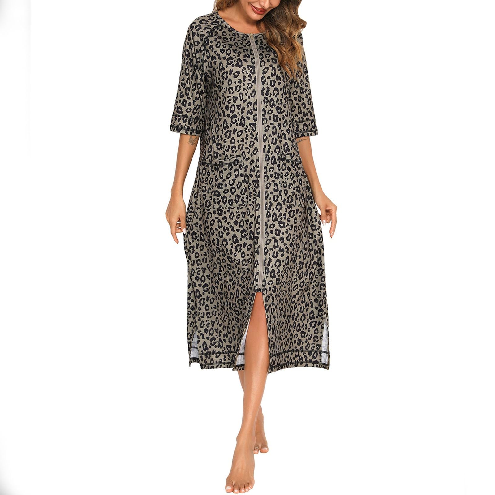 Bata de casa para mujer, batas con cremallera frontal, albornoz con medias mangas, abrigo de cuerpo completo de algodón suave con bolsillos, ropa de dormir cómoda, bata de baño larga