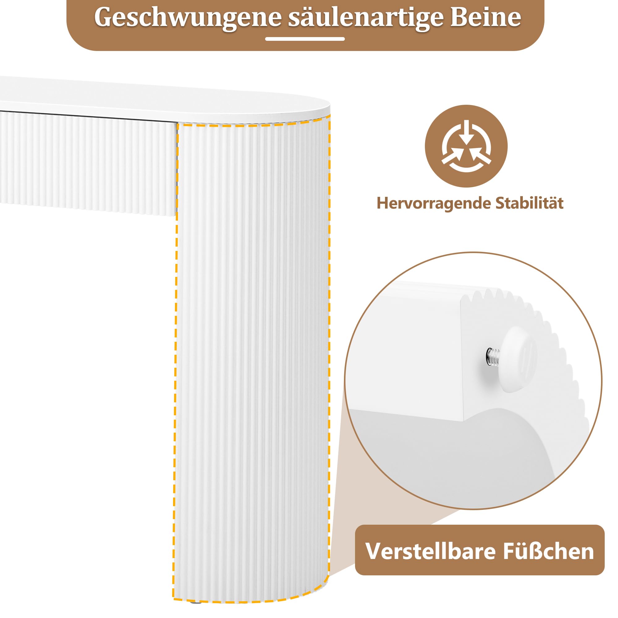 Tavolo consolle da toeletta, tavolino da corridoio, con cassetti, con parte anteriore curva e poggiapiedi regolabili, per soggiorno, camera da letto, corridoio, 120 x 33 x 76 cm (bianco)
